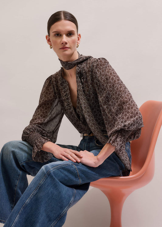 ME and EM Clothing Brown Silk Lace Print Straight In-The-Details Blouse