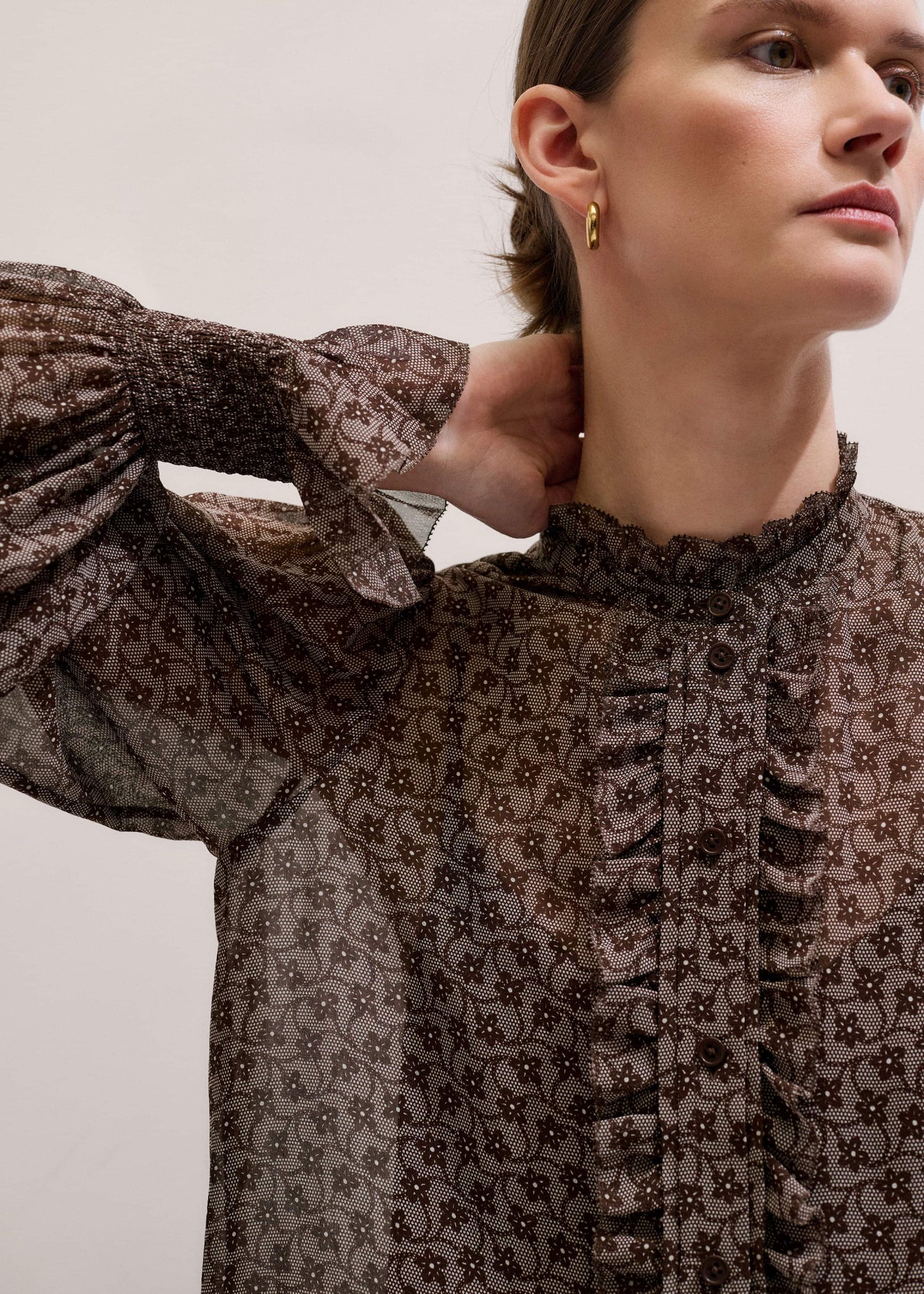 ME and EM Clothing Brown Silk Lace Print Straight In-The-Details Blouse