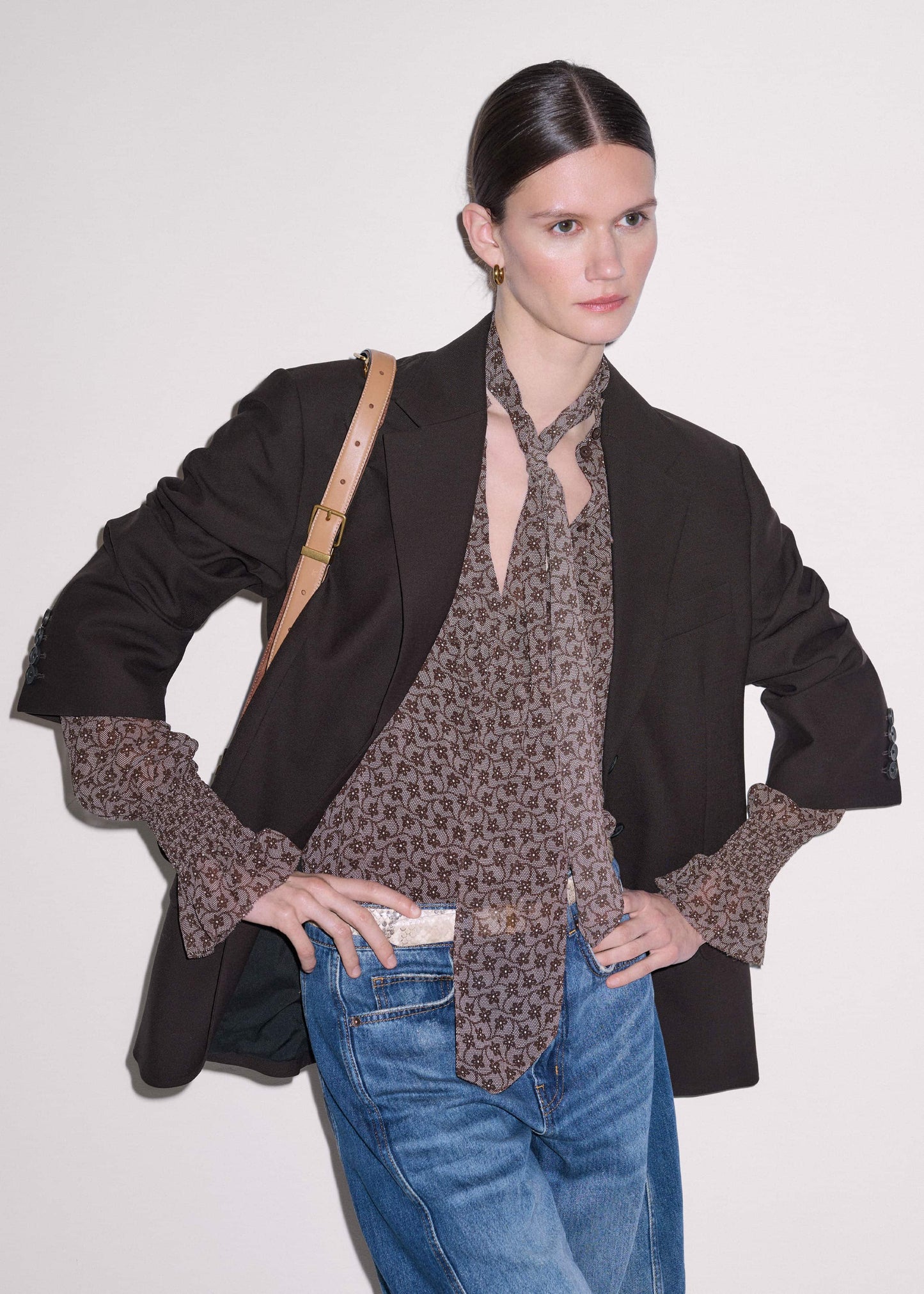 ME and EM Clothing Brown Silk Lace Print Straight In-The-Details Blouse