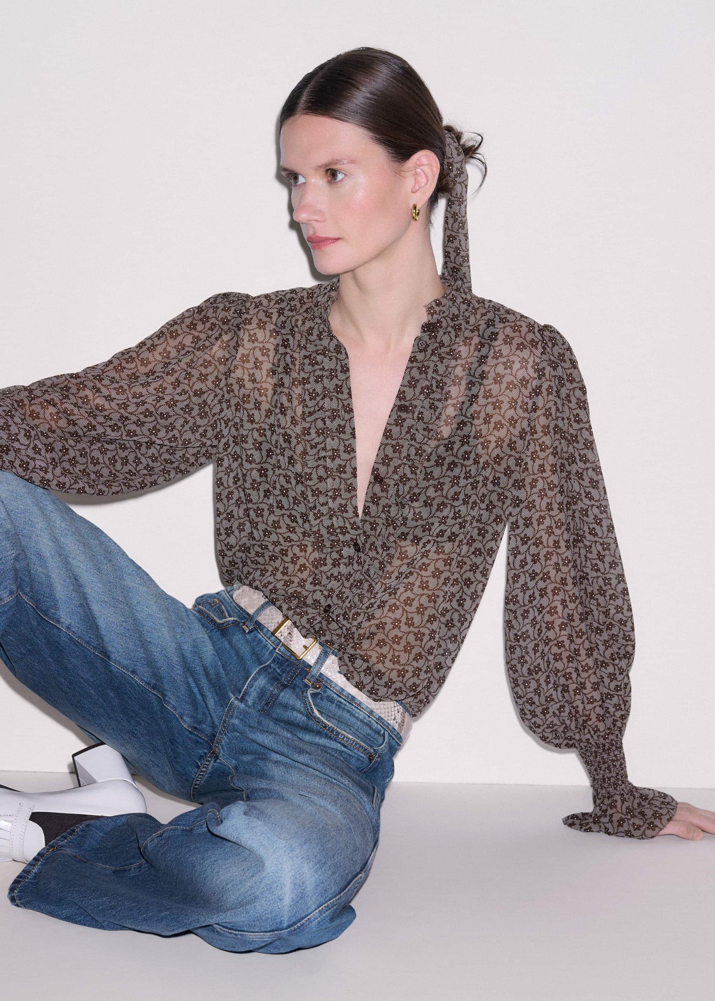 ME and EM Clothing Brown Silk Lace Print Straight In-The-Details Blouse