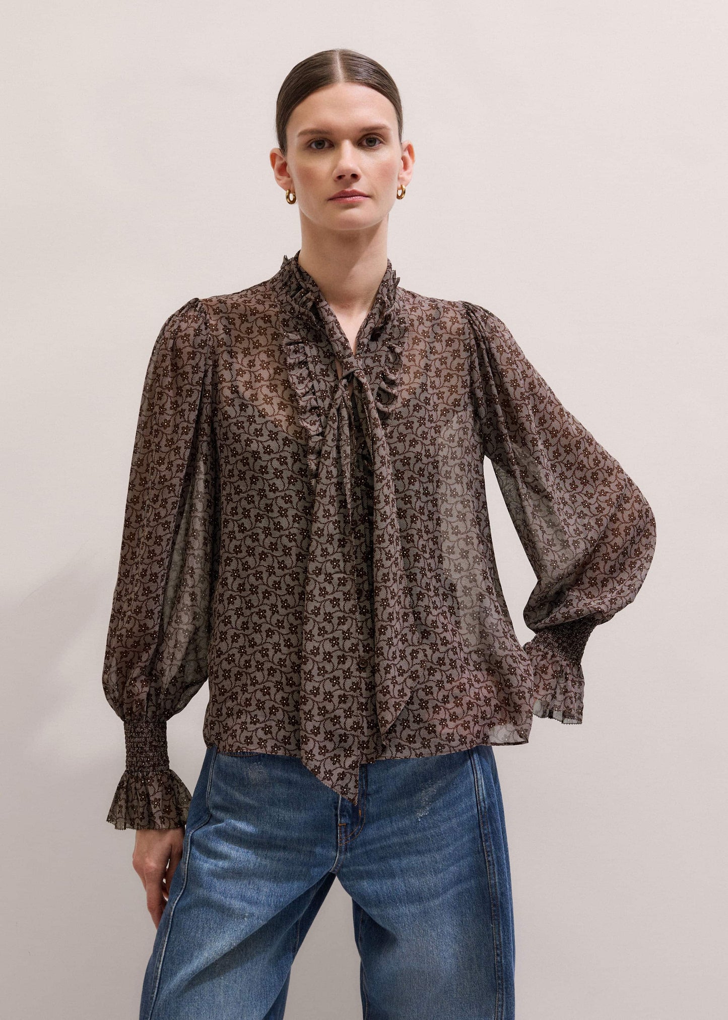 ME and EM Clothing Brown Silk Lace Print Straight In-The-Details Blouse