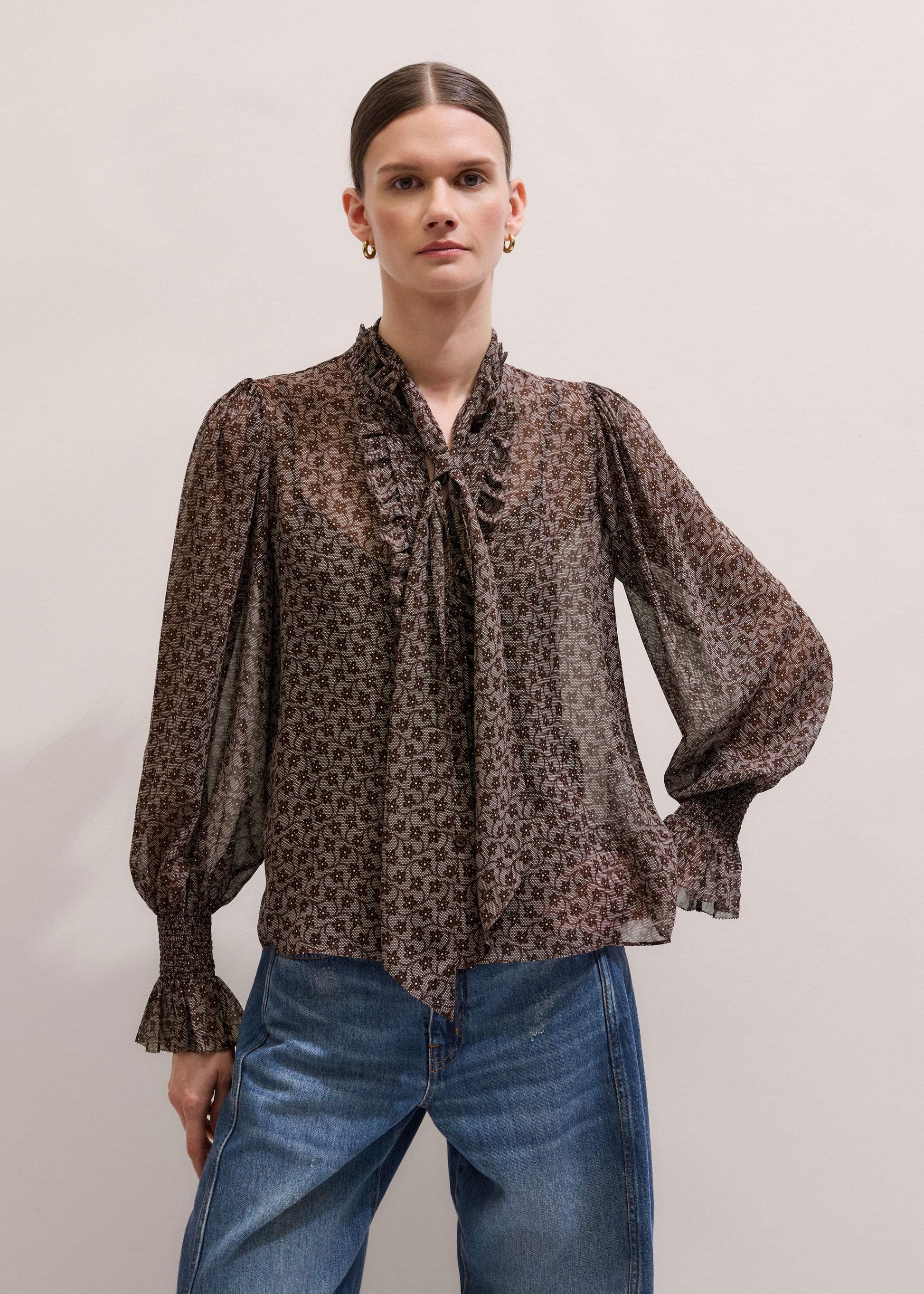 ME and EM Clothing Brown Silk Lace Print Straight In-The-Details Blouse