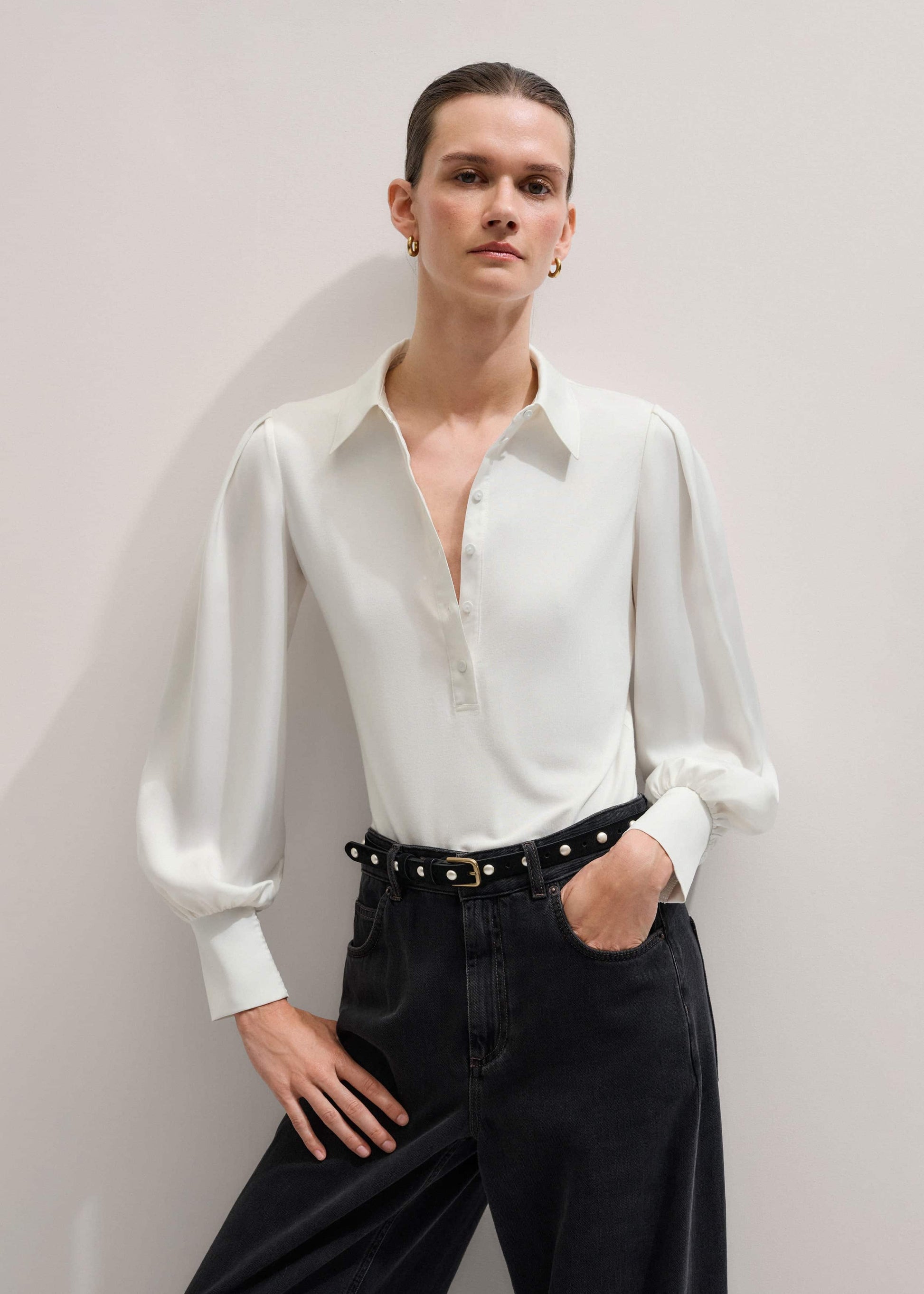 ME and EM Clothing Cream Fluid Sleeve Layering Blouse