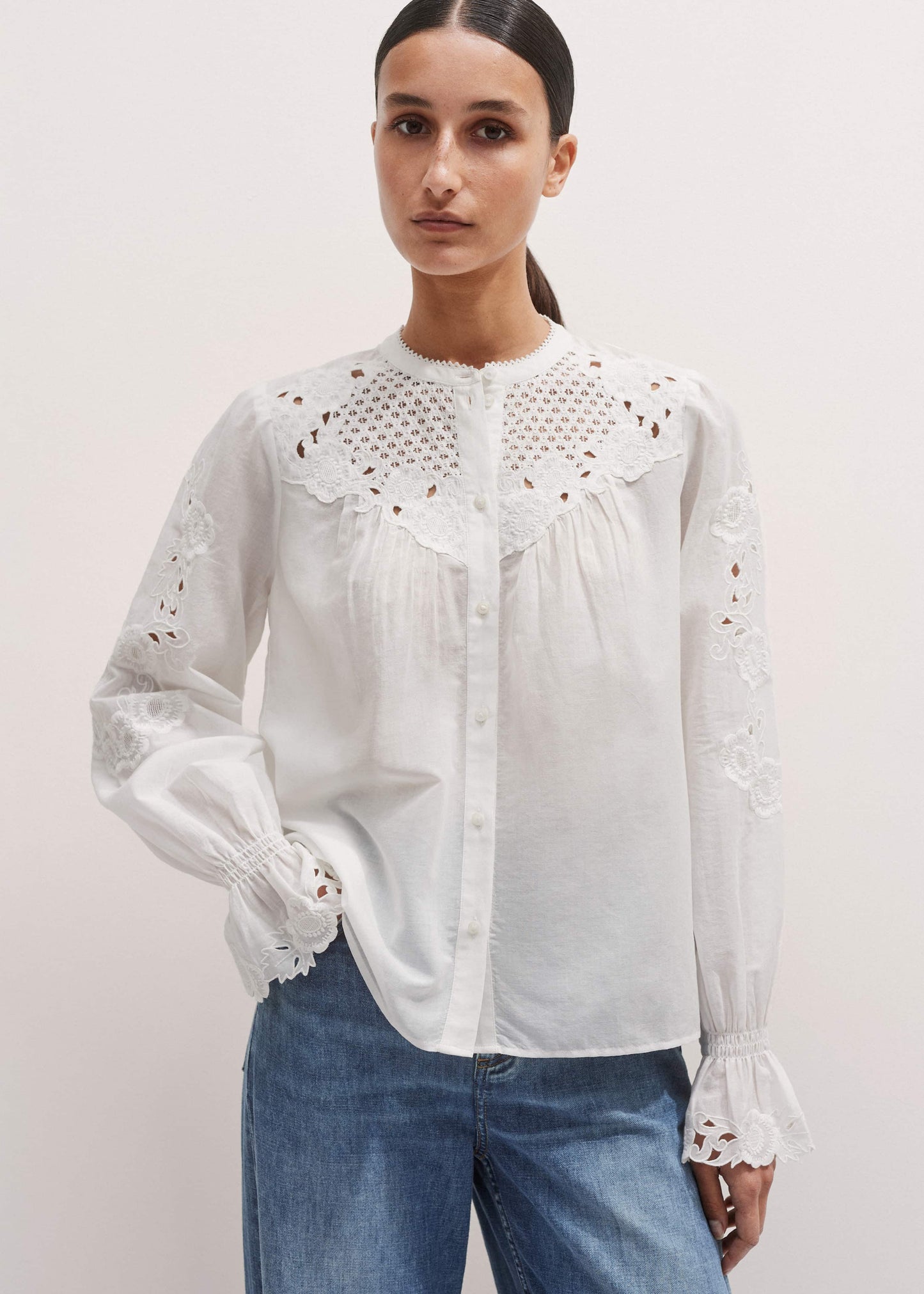 ME and EM Clothing White Floral Embroidery Blouse