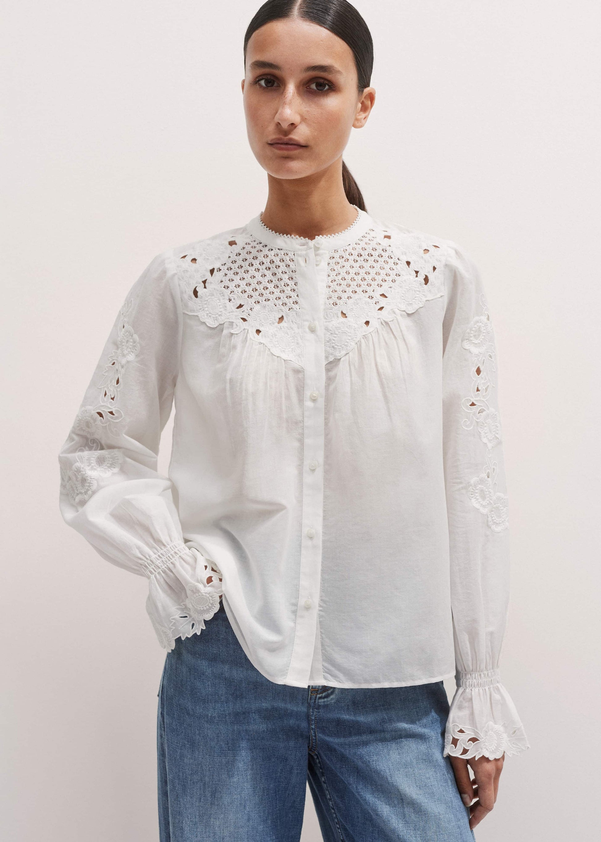 ME and EM Clothing White Floral Embroidery Blouse