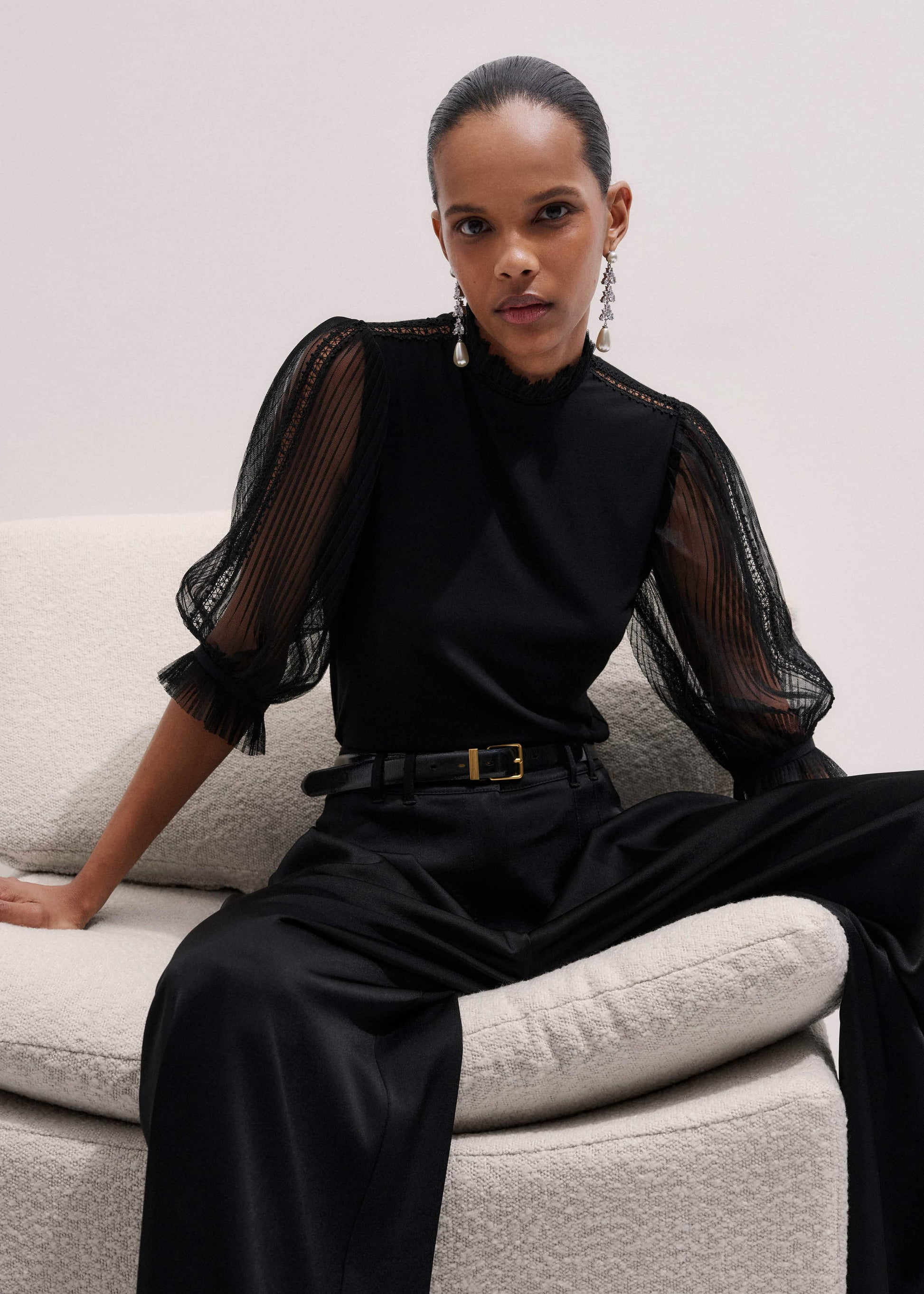 ME and EM Clothing Black Lace Insert Tulle Layering Blouse