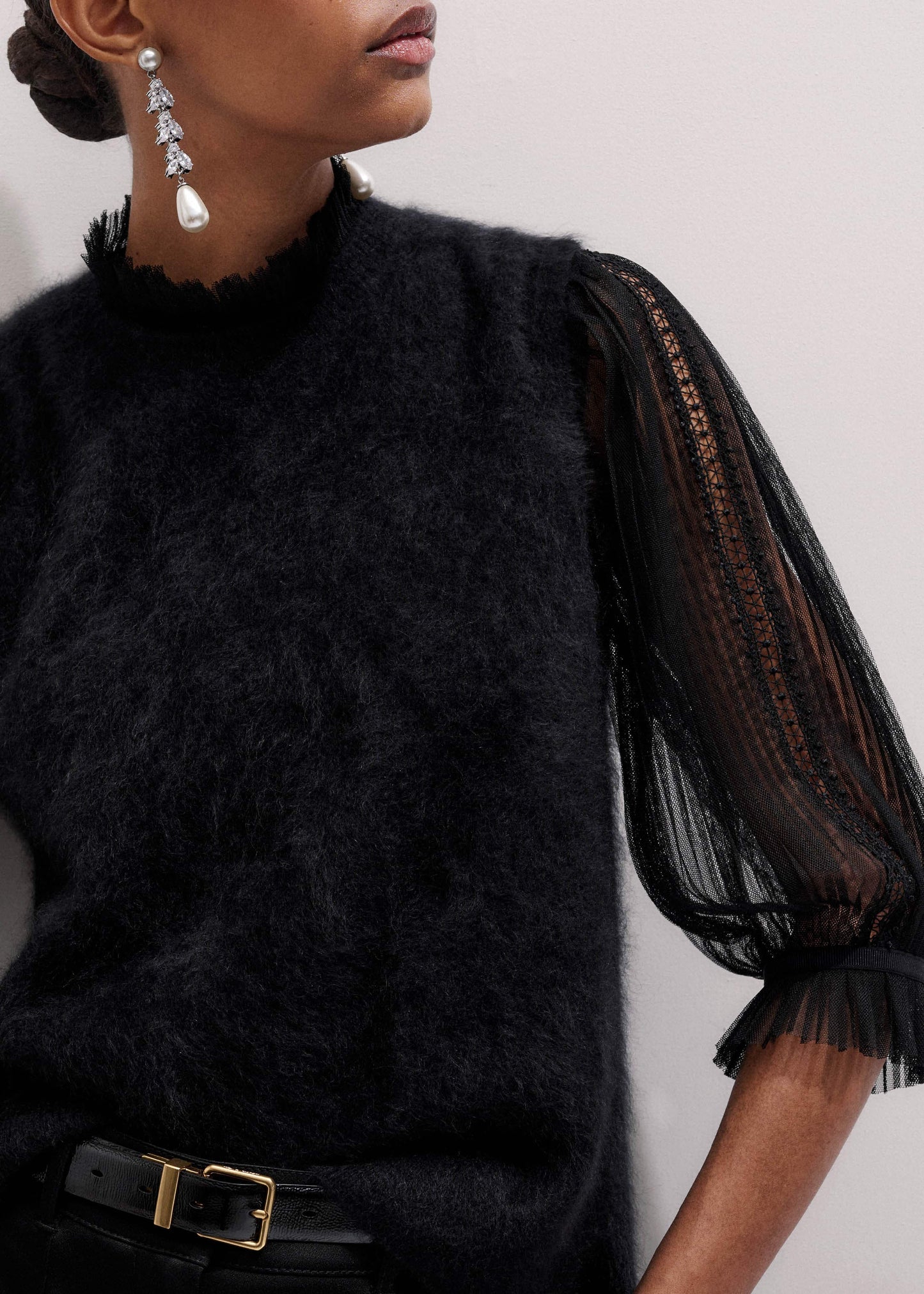 ME and EM Clothing Black Lace Insert Tulle Layering Blouse