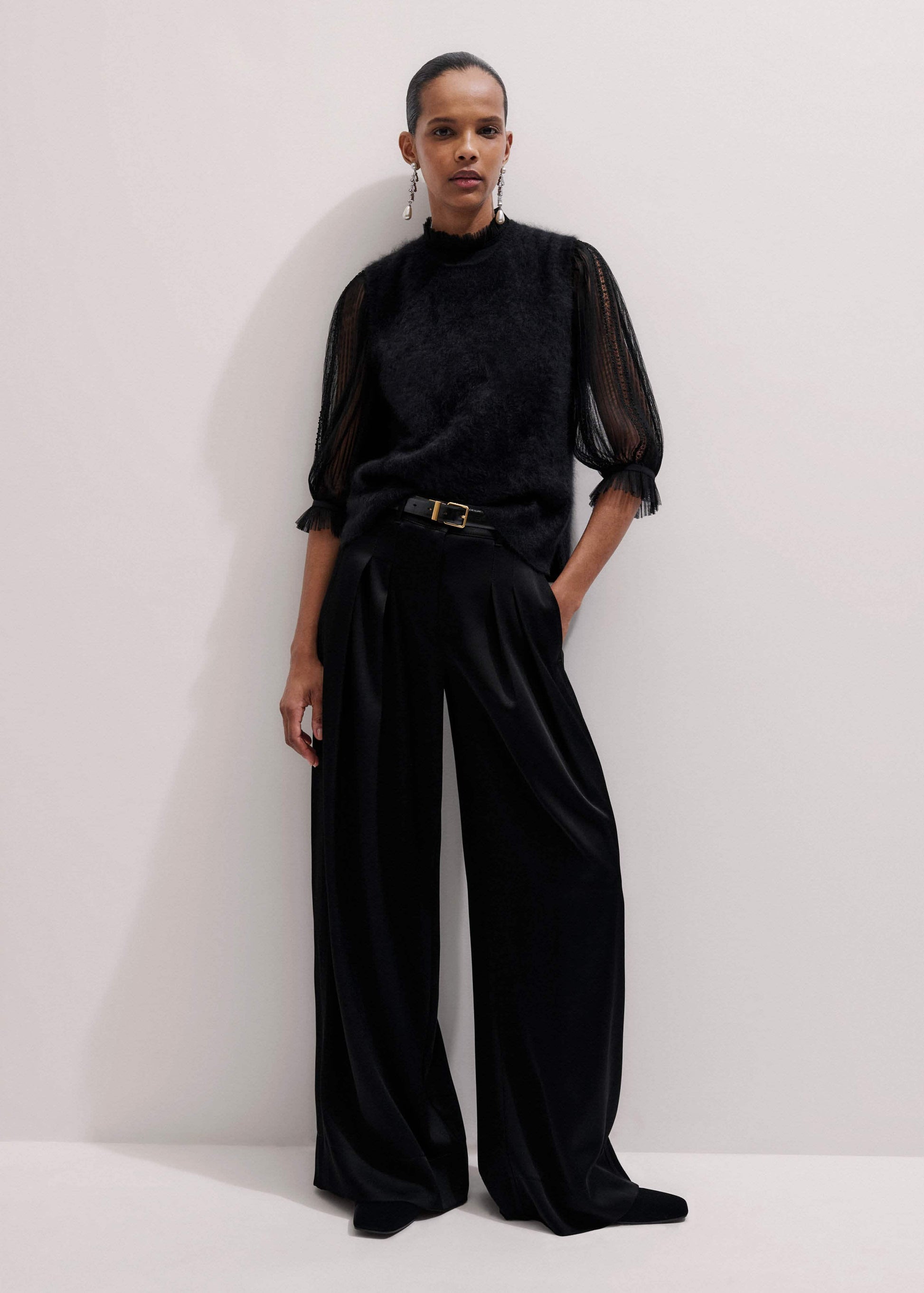 ME and EM Clothing Black Lace Insert Tulle Layering Blouse