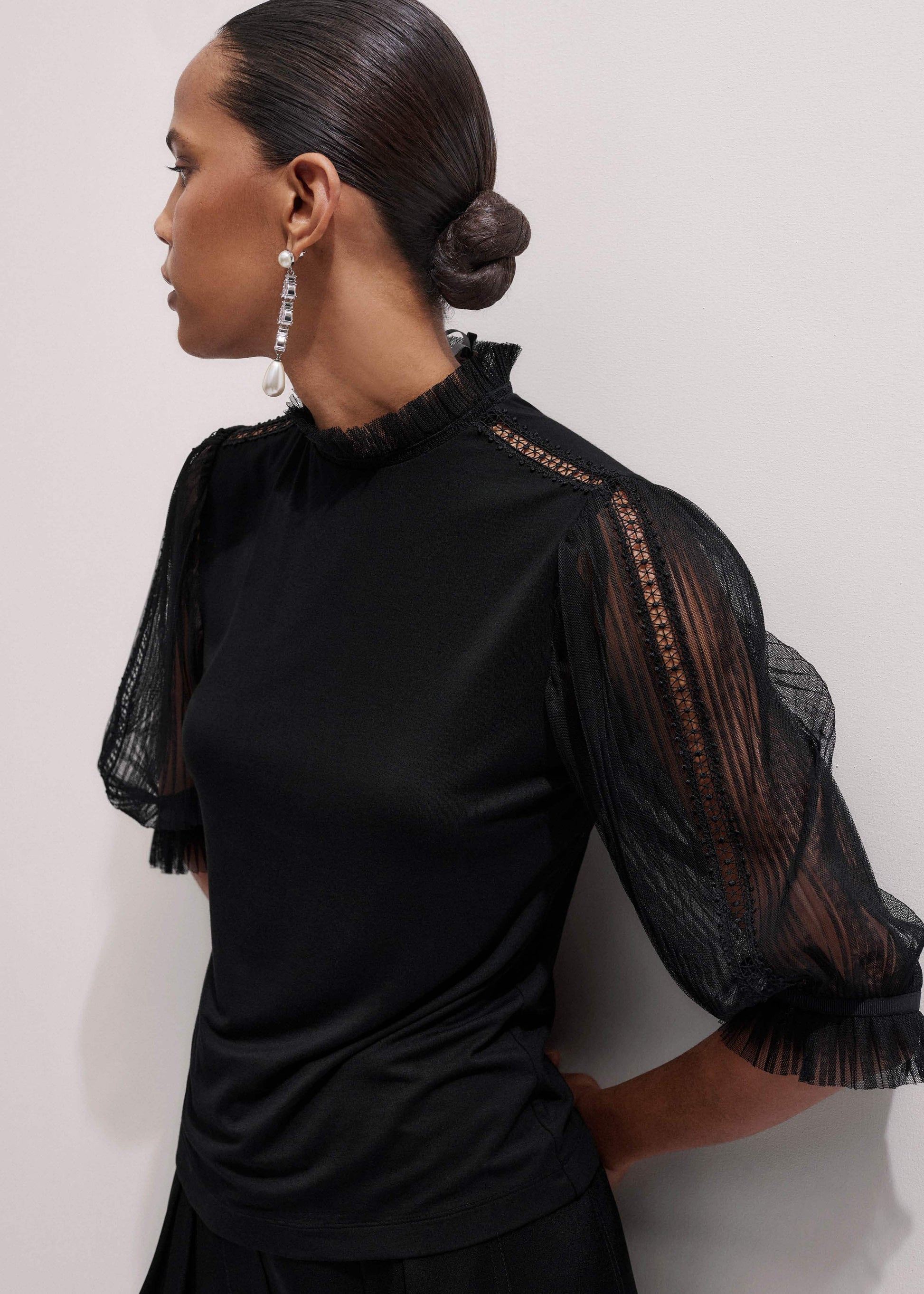 ME and EM Clothing Black Lace Insert Tulle Layering Blouse