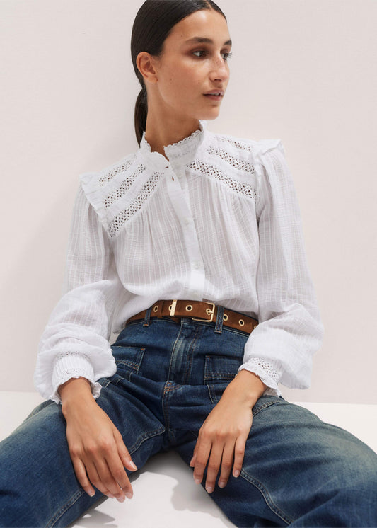 ME and EM Clothing White Cotton + Lace Trim Blouse