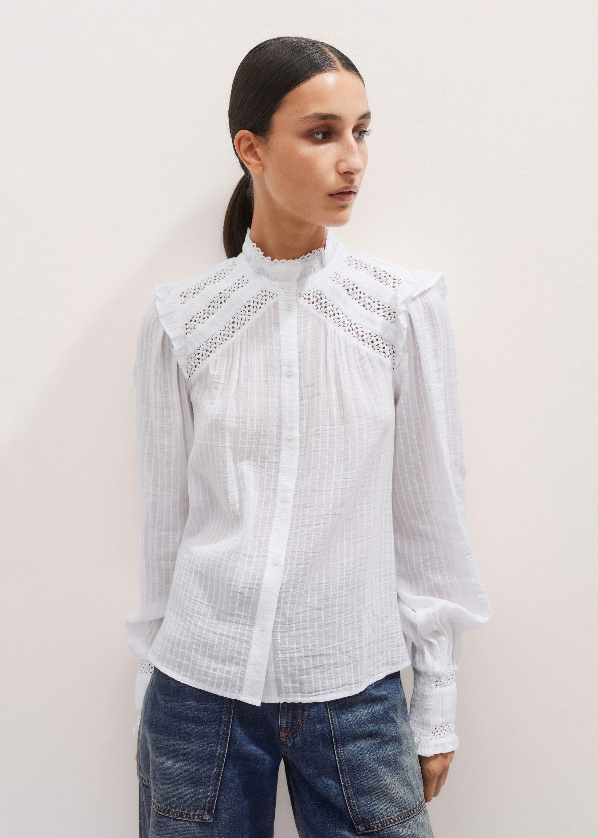 ME and EM Clothing White Cotton + Lace Trim Blouse