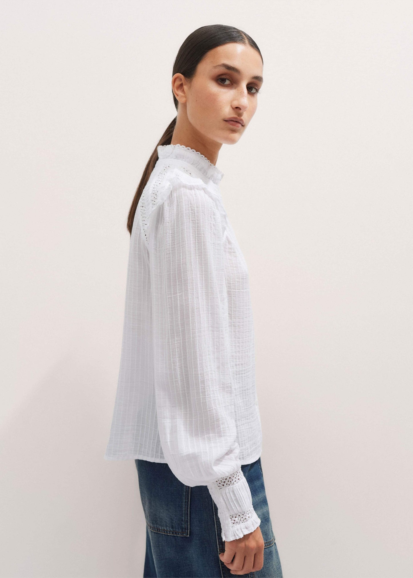 ME and EM Clothing White Cotton + Lace Trim Blouse