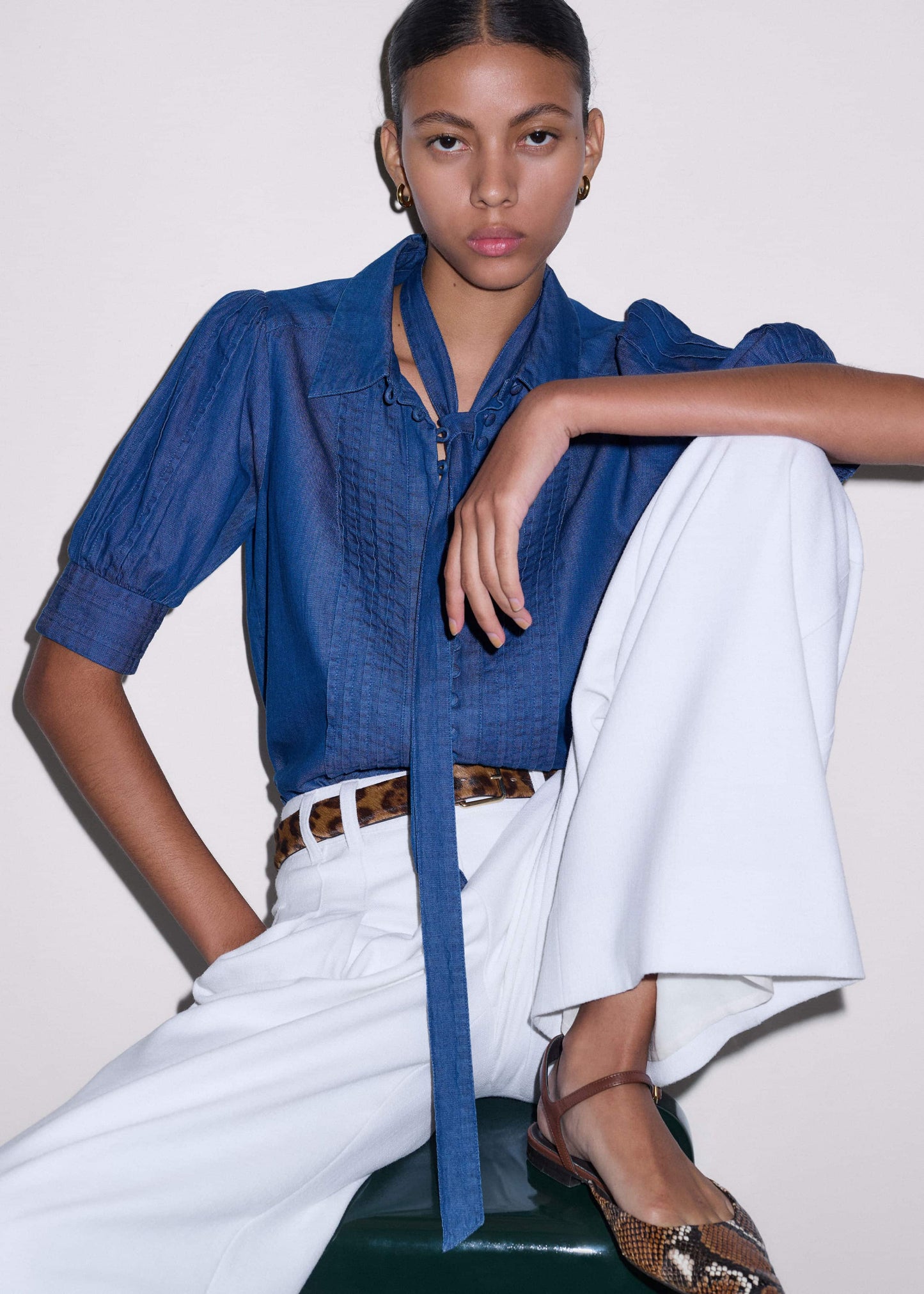 ME and EM Clothing Blue Chambray Pintucked Short Sleeve Blouse + Tie