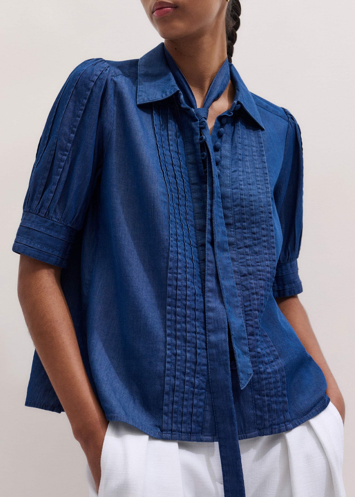ME and EM Clothing Blue Chambray Pintucked Short Sleeve Blouse + Tie