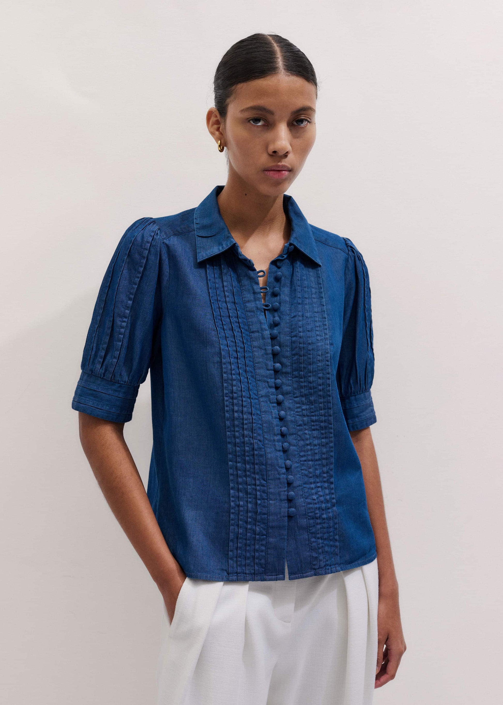 ME and EM Clothing Blue Chambray Pintucked Short Sleeve Blouse + Tie