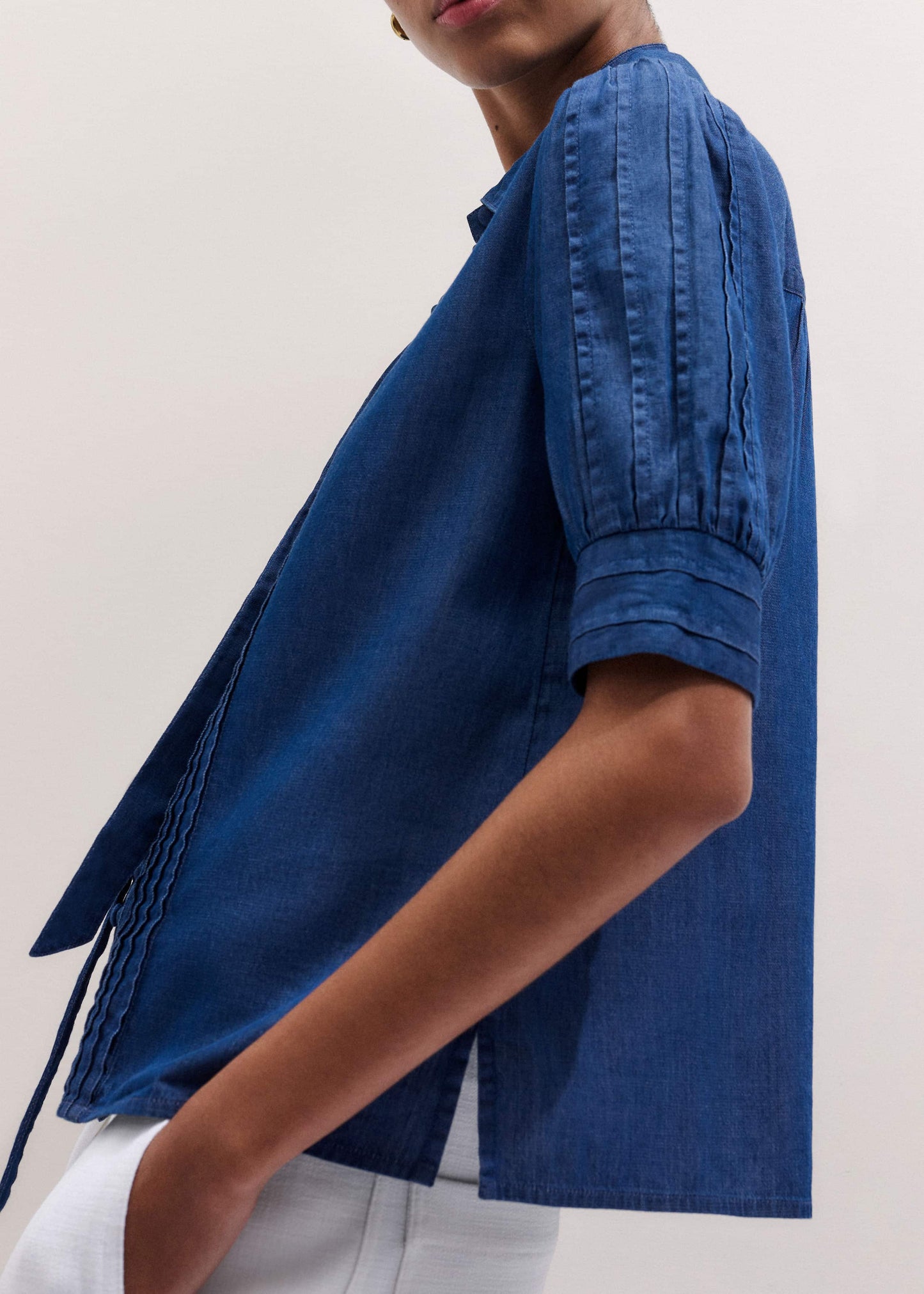 ME and EM Clothing Blue Chambray Pintucked Short Sleeve Blouse + Tie