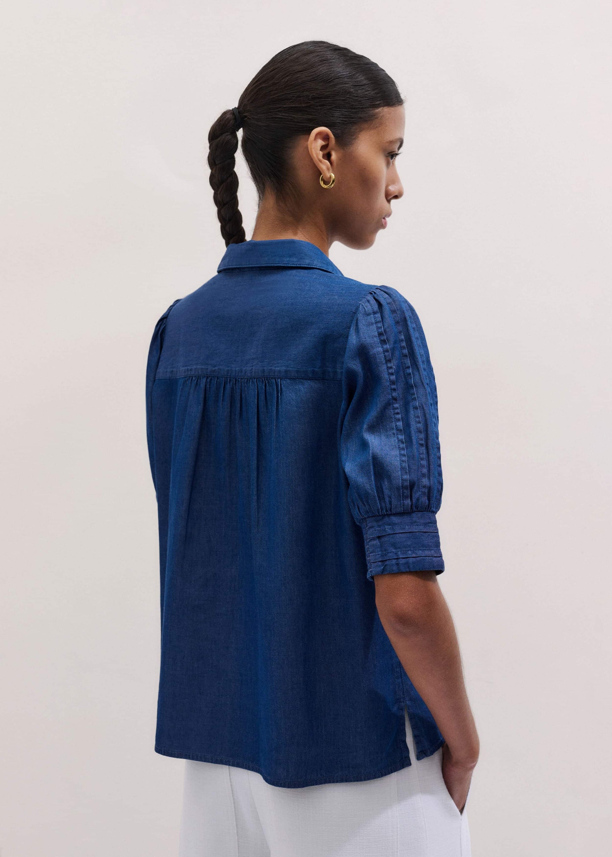 ME and EM Clothing Blue Chambray Pintucked Short Sleeve Blouse + Tie