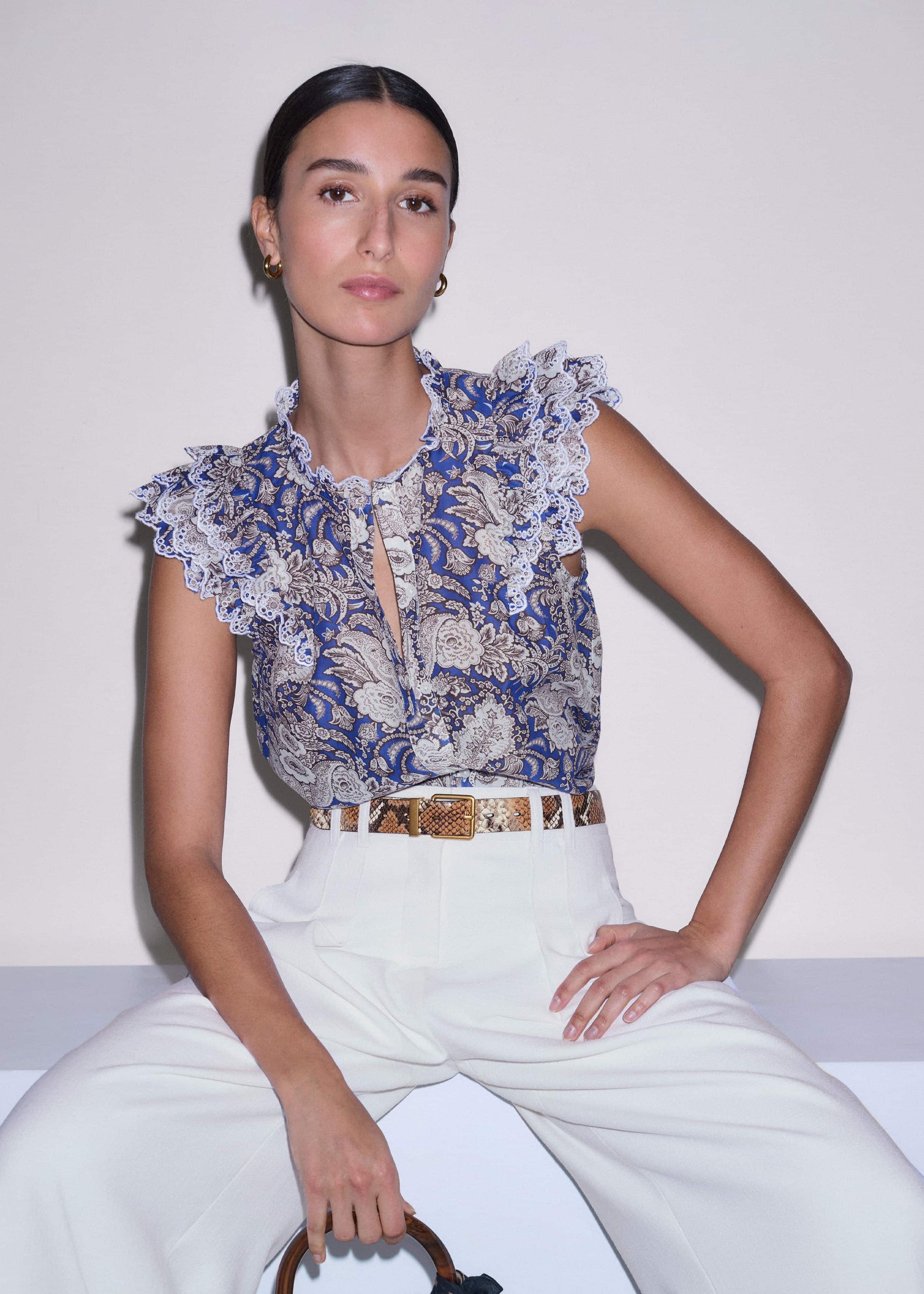 ME and EM Clothing Blue Elaborate Botanical Print Ruffle Straight Blouse
