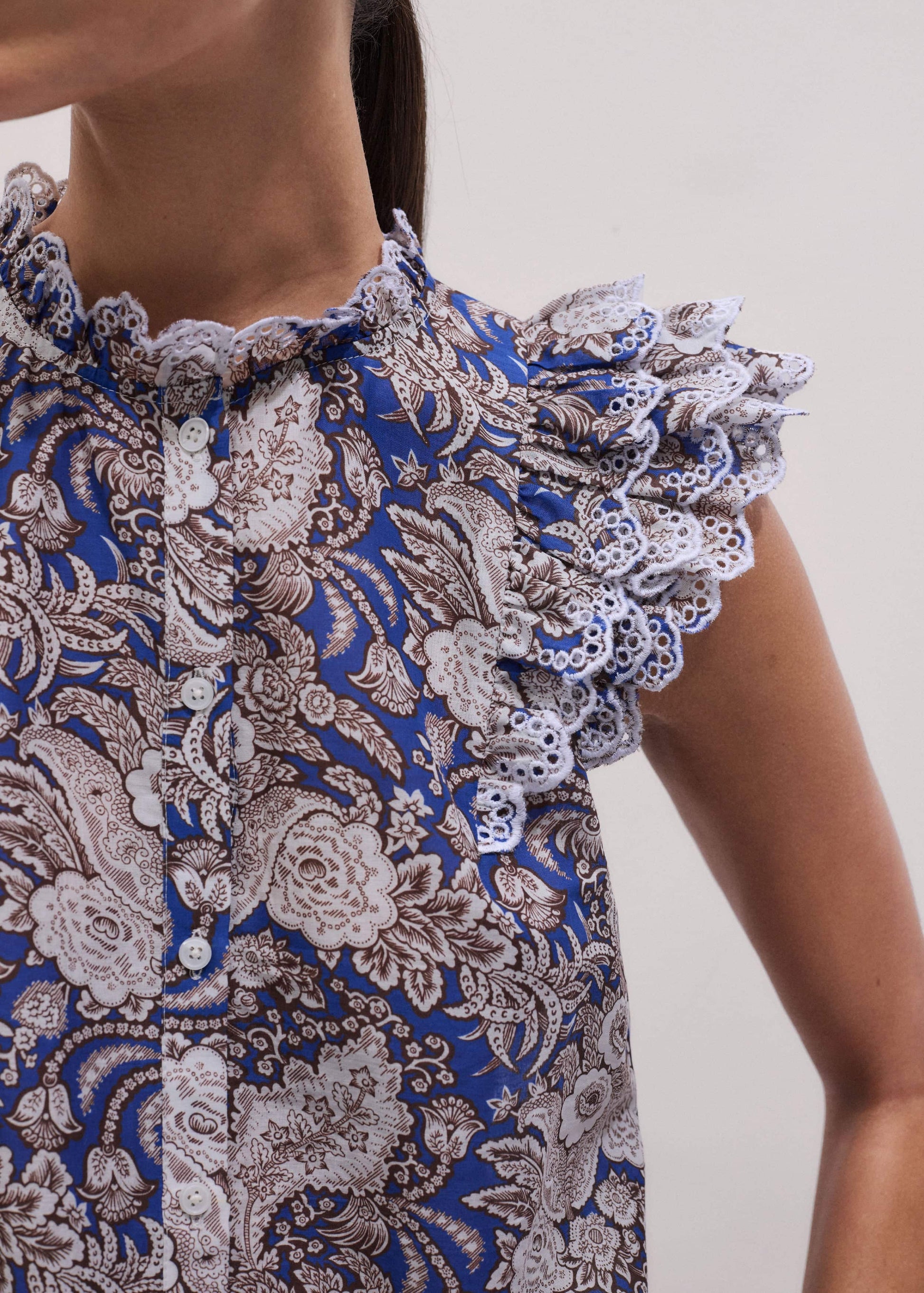 ME and EM Clothing Blue Elaborate Botanical Print Ruffle Straight Blouse