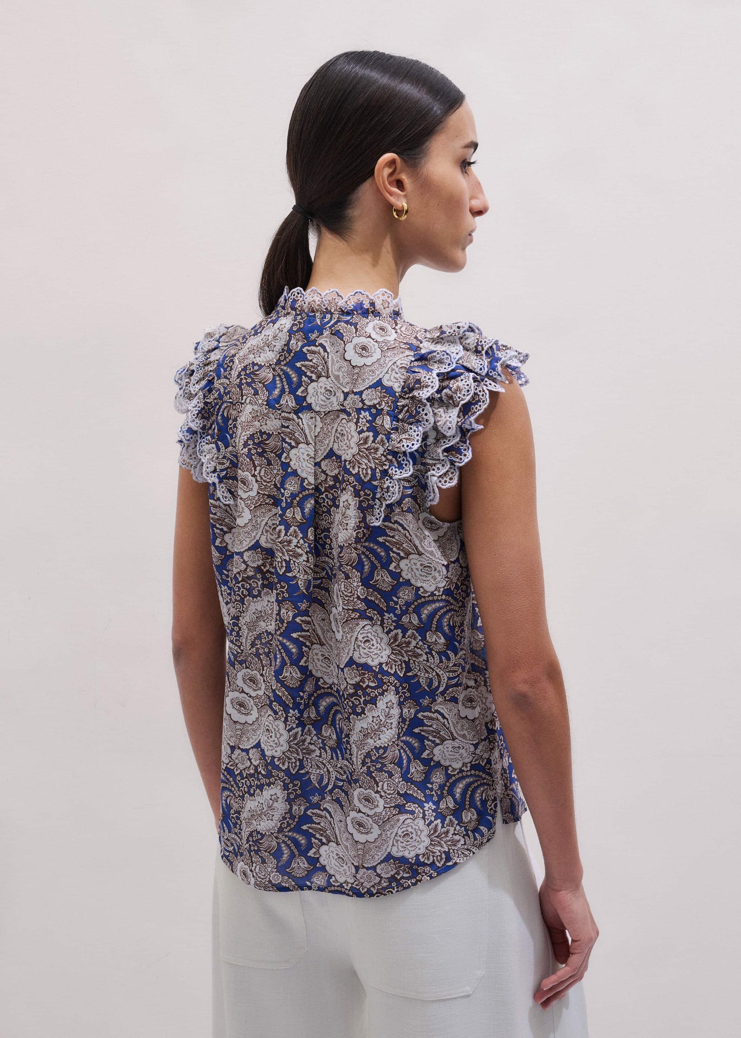 ME and EM Clothing Blue Elaborate Botanical Print Ruffle Straight Blouse