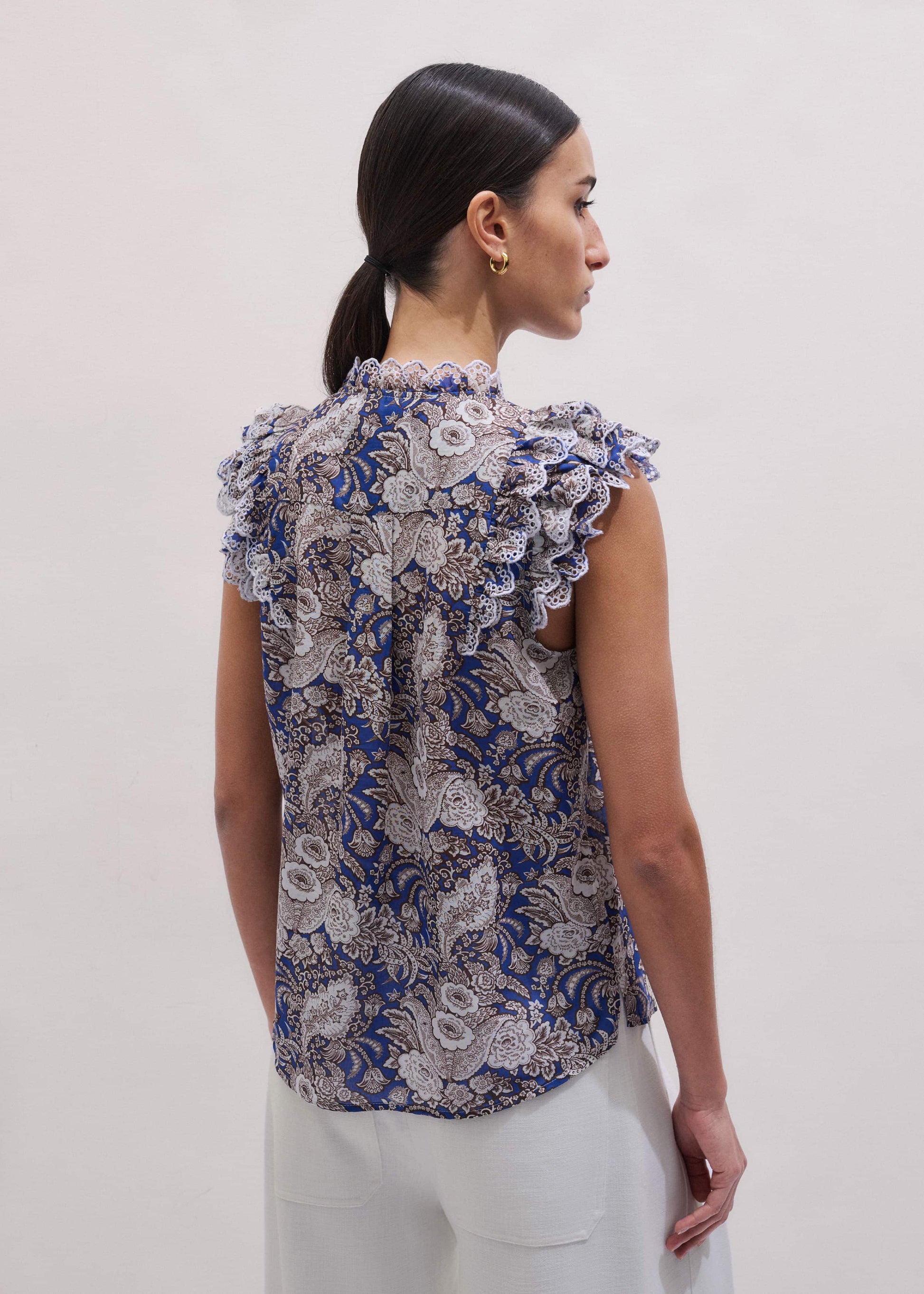 ME and EM Clothing Blue Elaborate Botanical Print Ruffle Straight Blouse