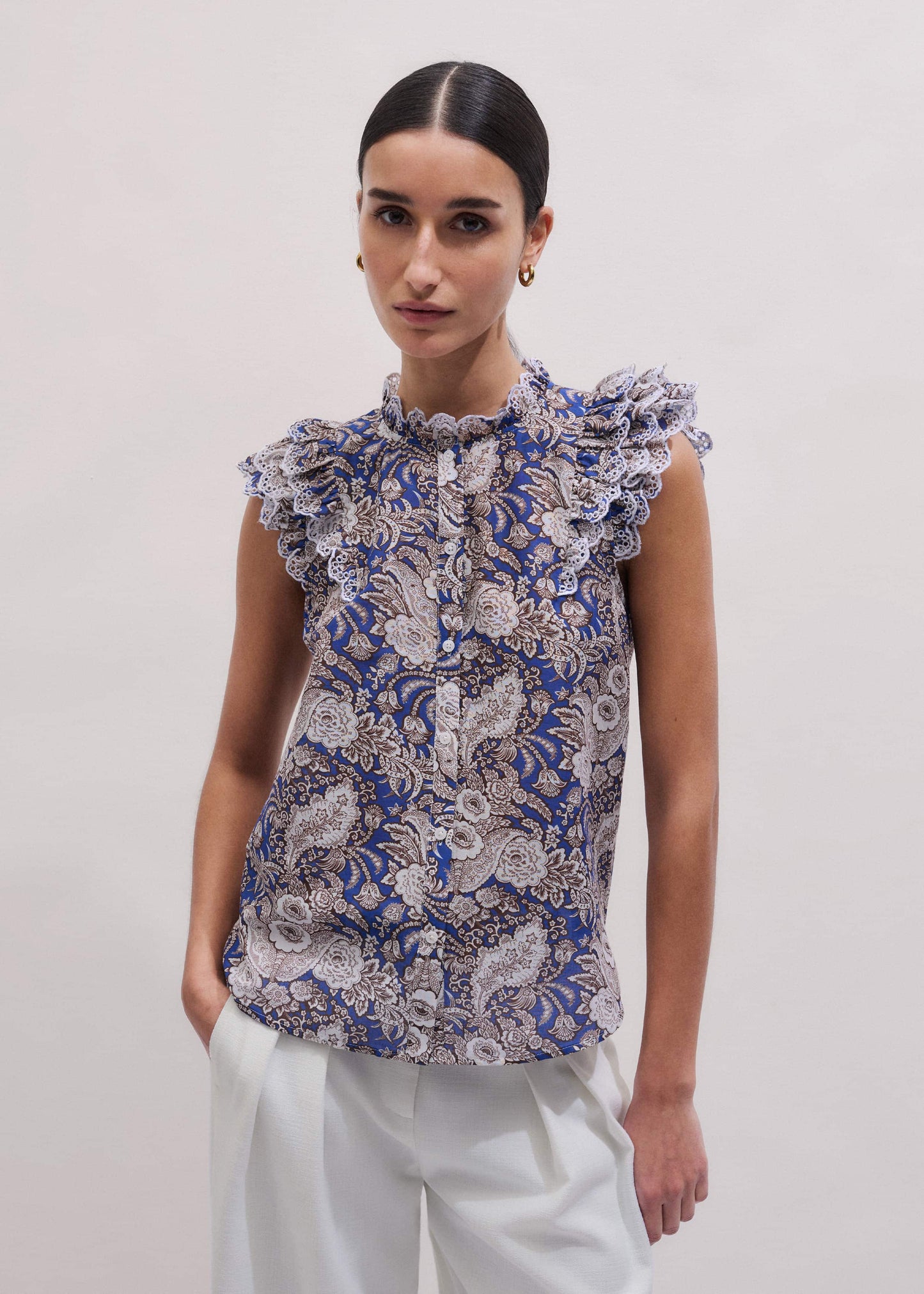 ME and EM Clothing Blue Elaborate Botanical Print Ruffle Straight Blouse