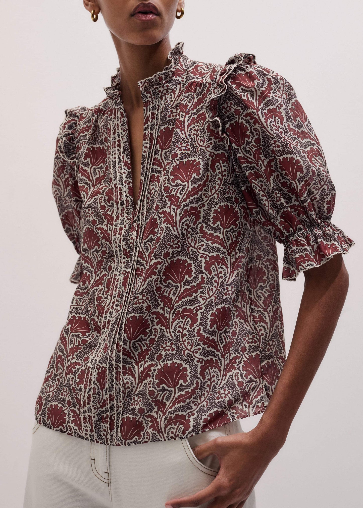 ME and EM Clothing Brown Silk Cotton Rising Wildflower Print Blouse
