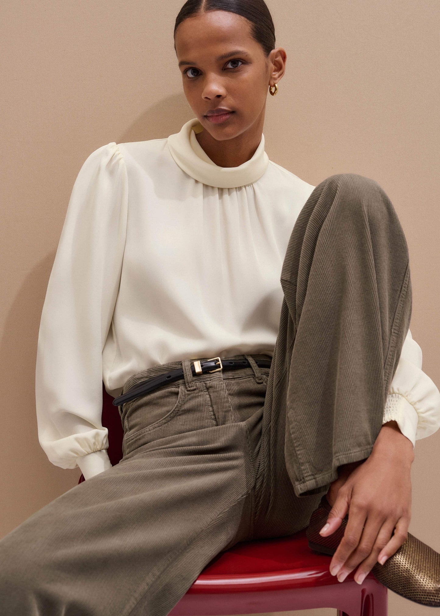 ME and EM Clothing Cream Silk High Neck Slim Cut Blouse