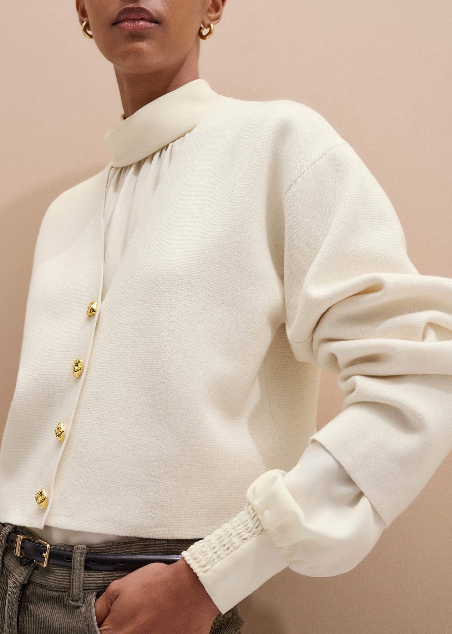 ME and EM Clothing Cream Silk High Neck Slim Cut Blouse
