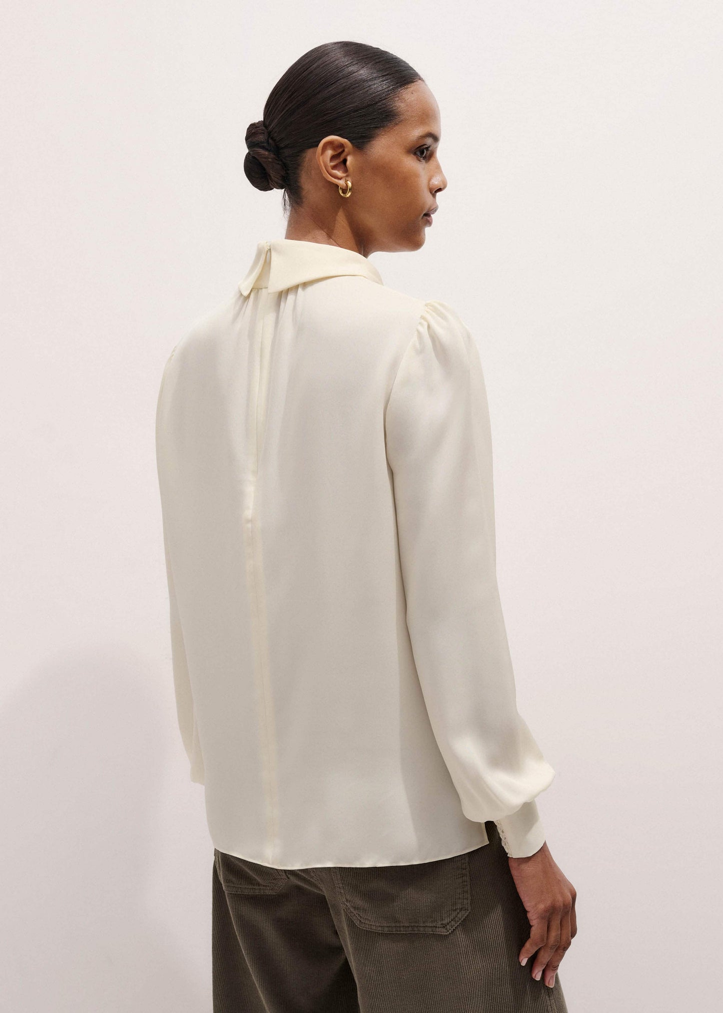 ME and EM Clothing Cream Silk High Neck Slim Cut Blouse