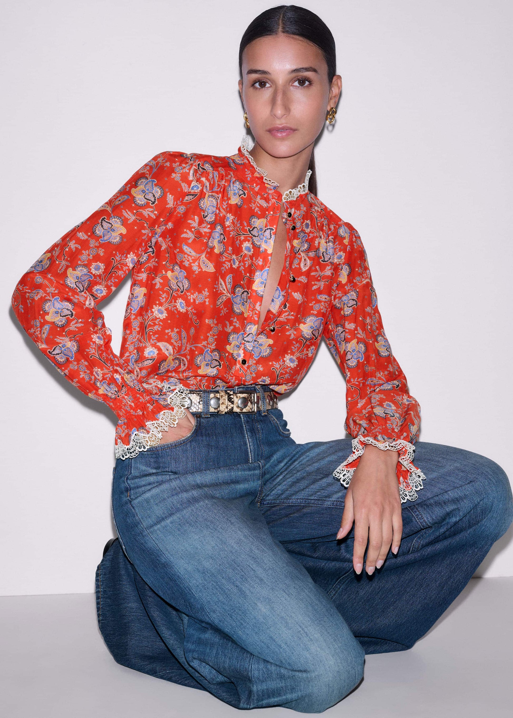 ME and EM Clothing Orange Ornate Floral Paisley Print Blouse