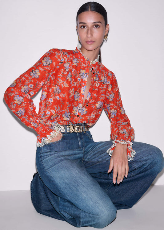 ME and EM Clothing Orange Ornate Floral Paisley Print Blouse
