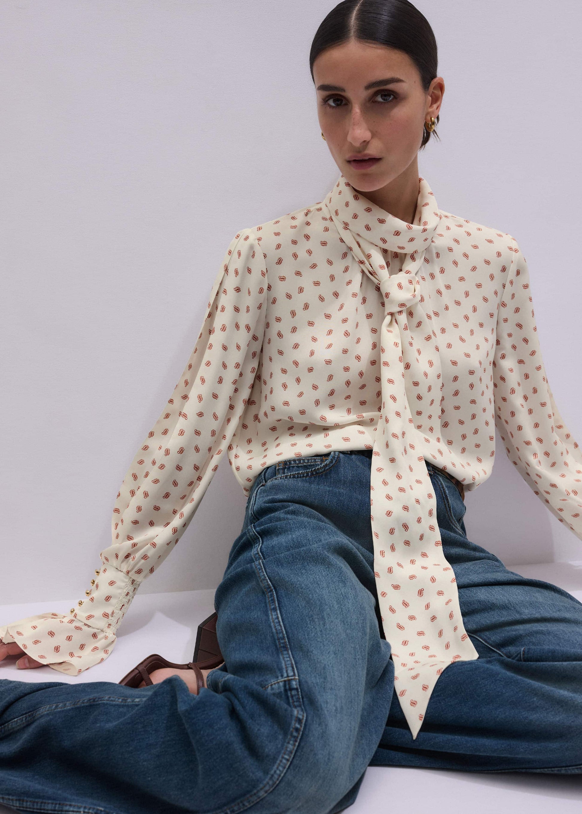 ME and EM Clothing Cream Silk Spaced Paisley Print Statement Sleeve Blouse + Tie