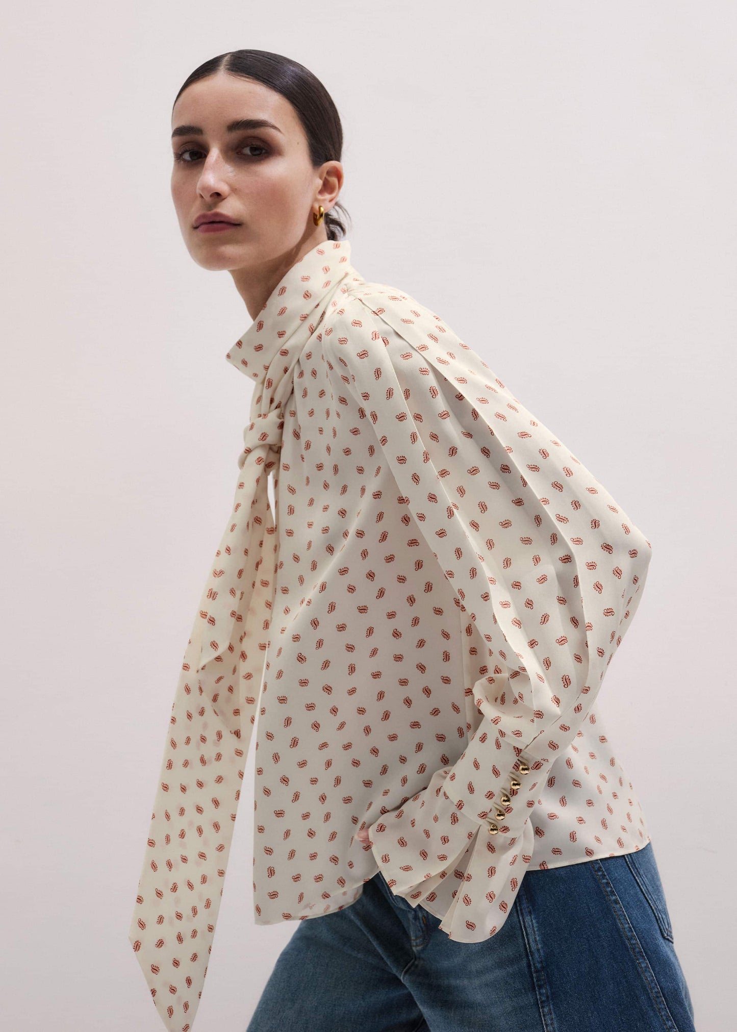 ME and EM Clothing Cream Silk Spaced Paisley Print Statement Sleeve Blouse + Tie