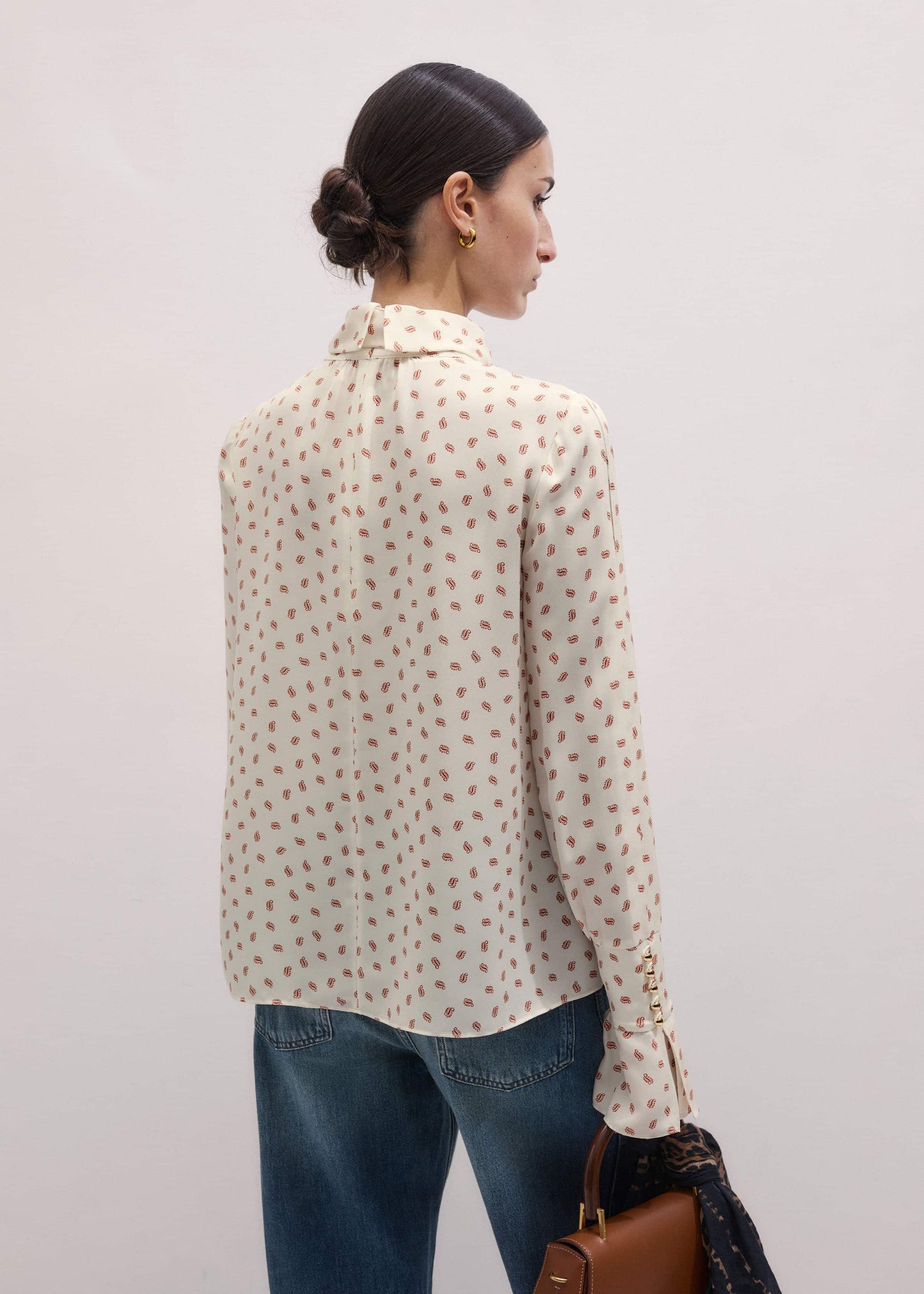 ME and EM Clothing Cream Silk Spaced Paisley Print Statement Sleeve Blouse + Tie