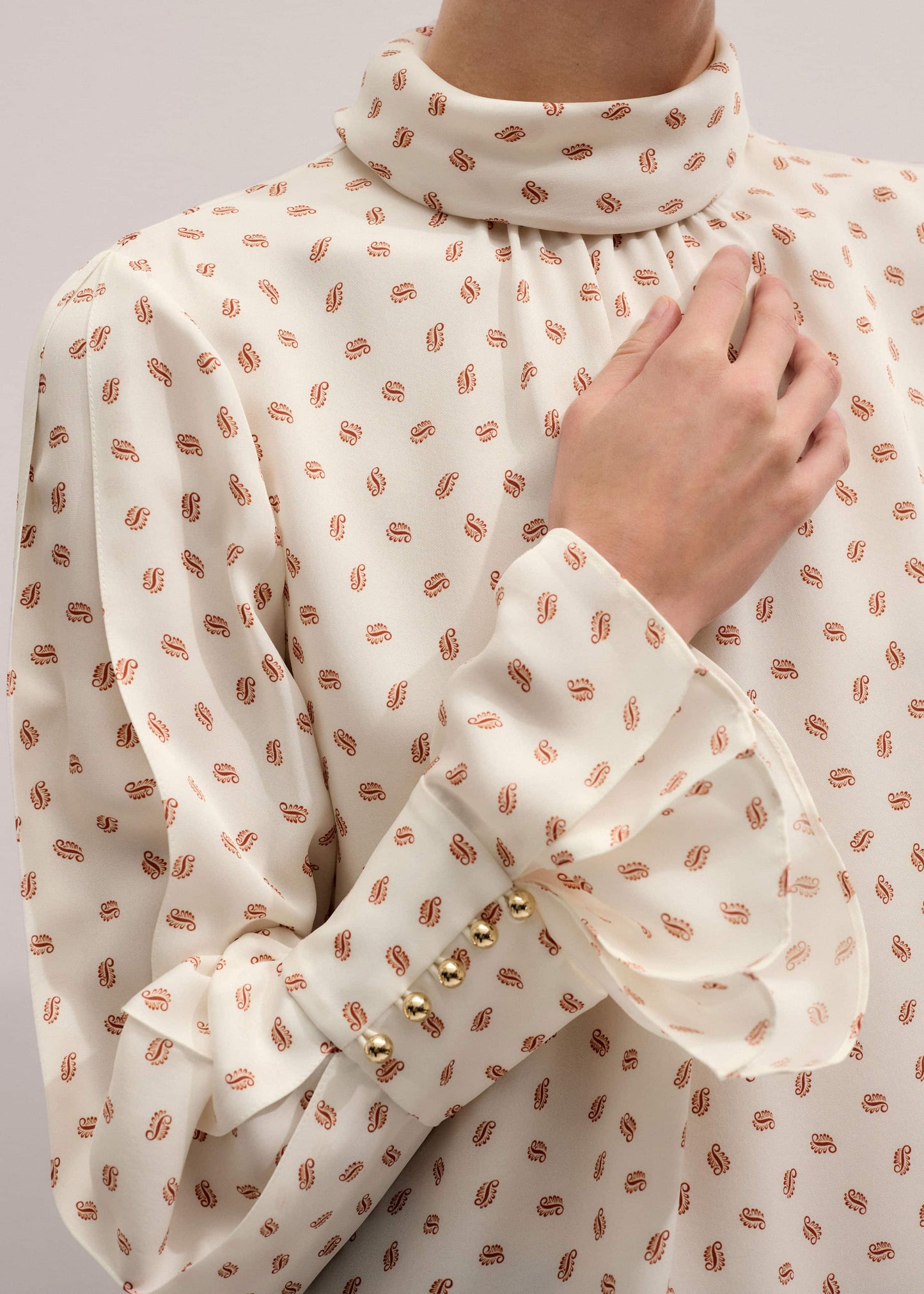 ME and EM Clothing Cream Silk Spaced Paisley Print Statement Sleeve Blouse + Tie