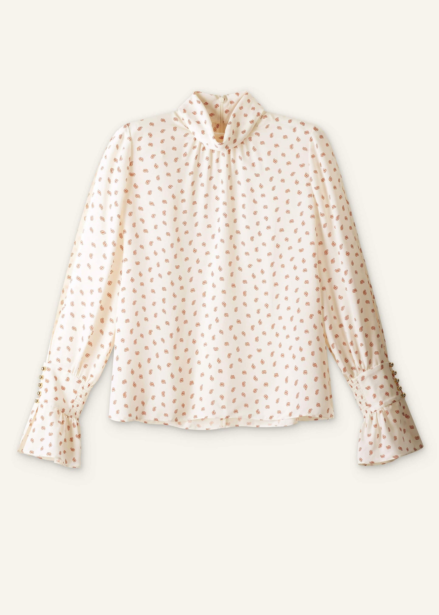 ME and EM Clothing Cream Silk Spaced Paisley Print Statement Sleeve Blouse + Tie