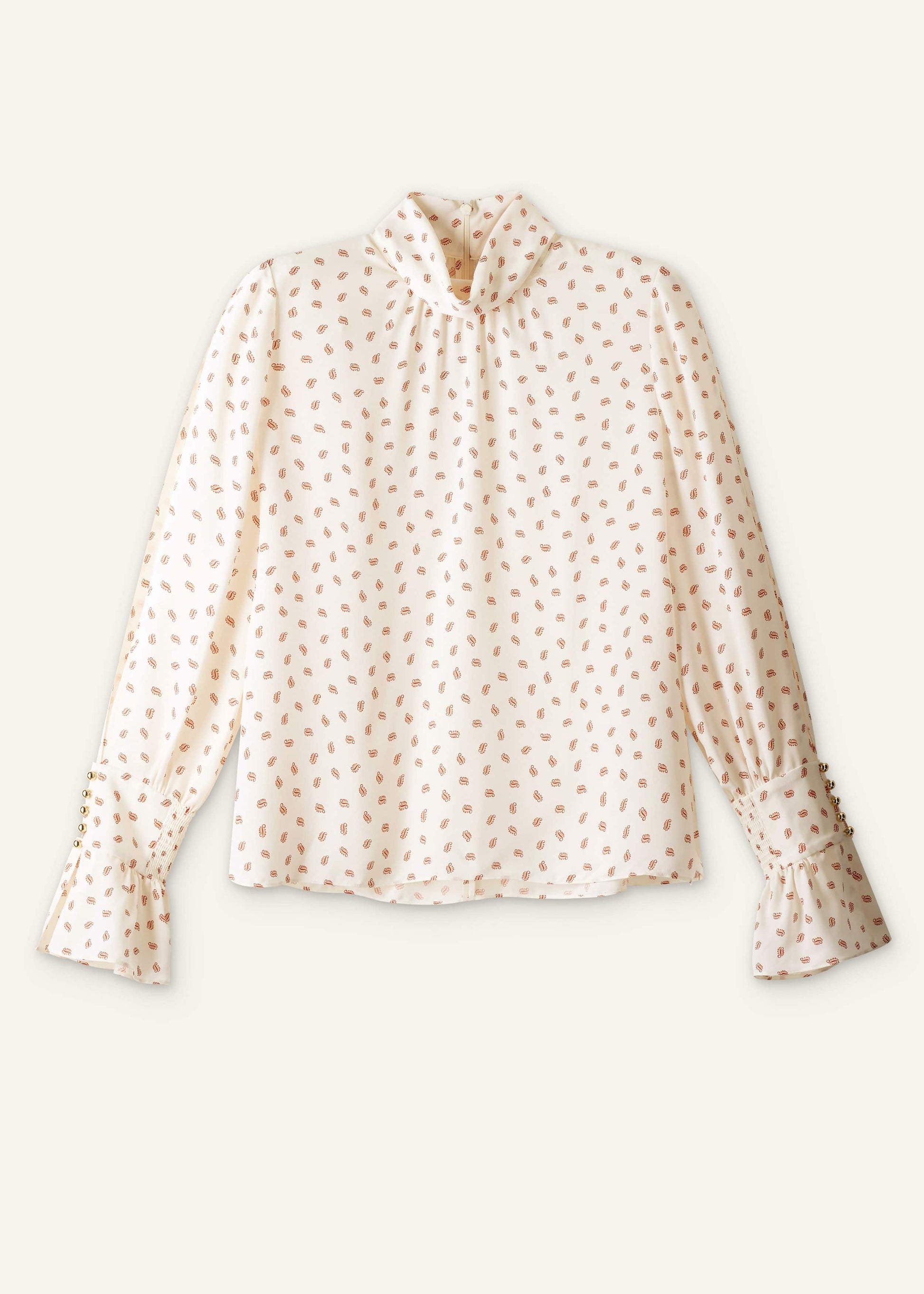 ME and EM Clothing Cream Silk Spaced Paisley Print Statement Sleeve Blouse + Tie