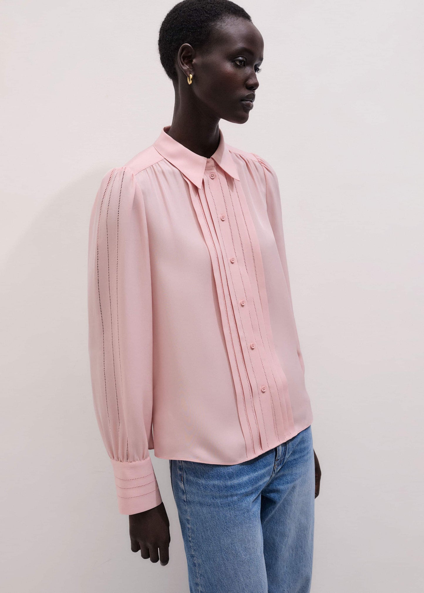 ME and EM Clothing Pink Silk Feminine Embroidered Fluid Straight Blouse