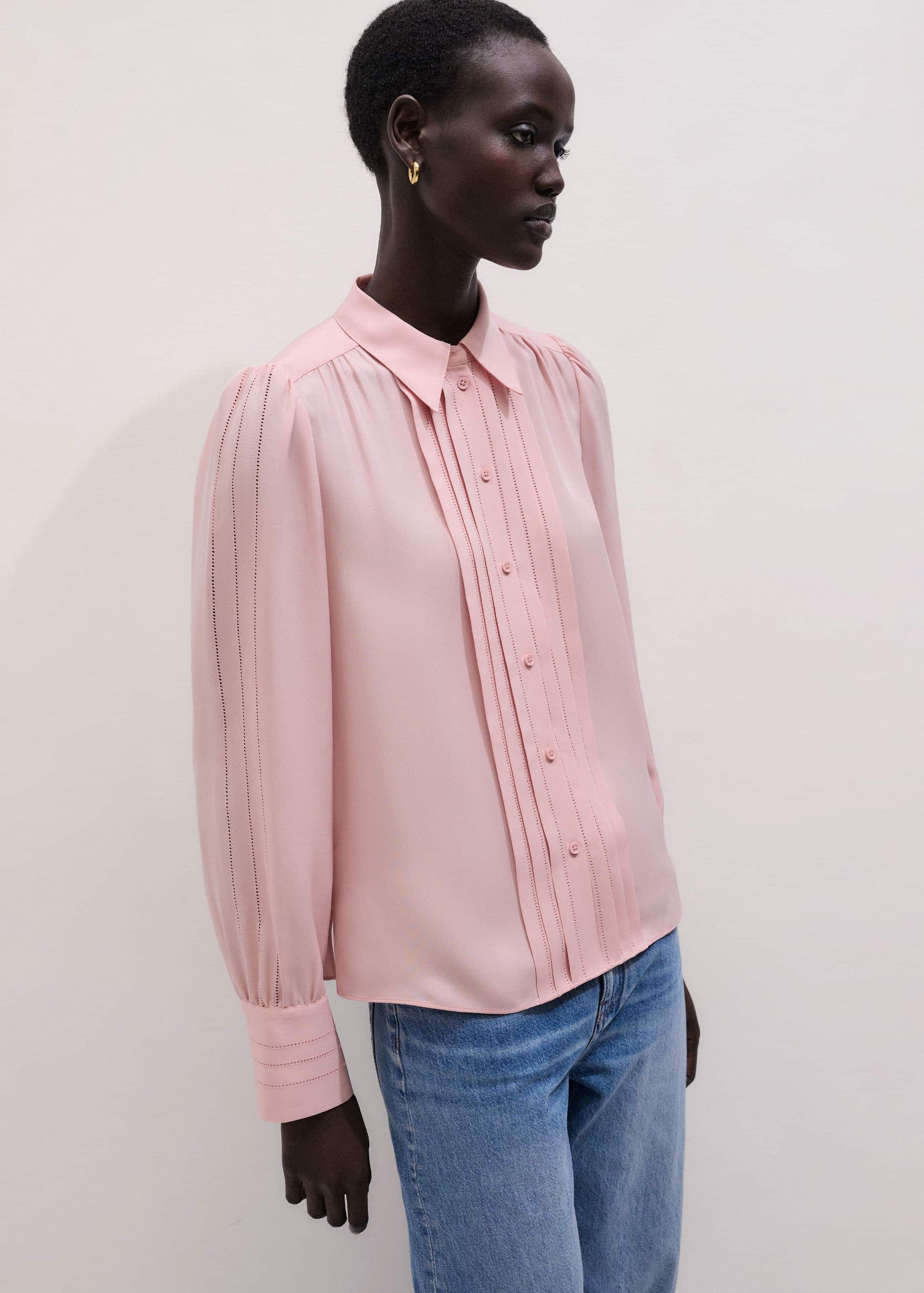 ME and EM Clothing Pink Silk Feminine Embroidered Fluid Straight Blouse