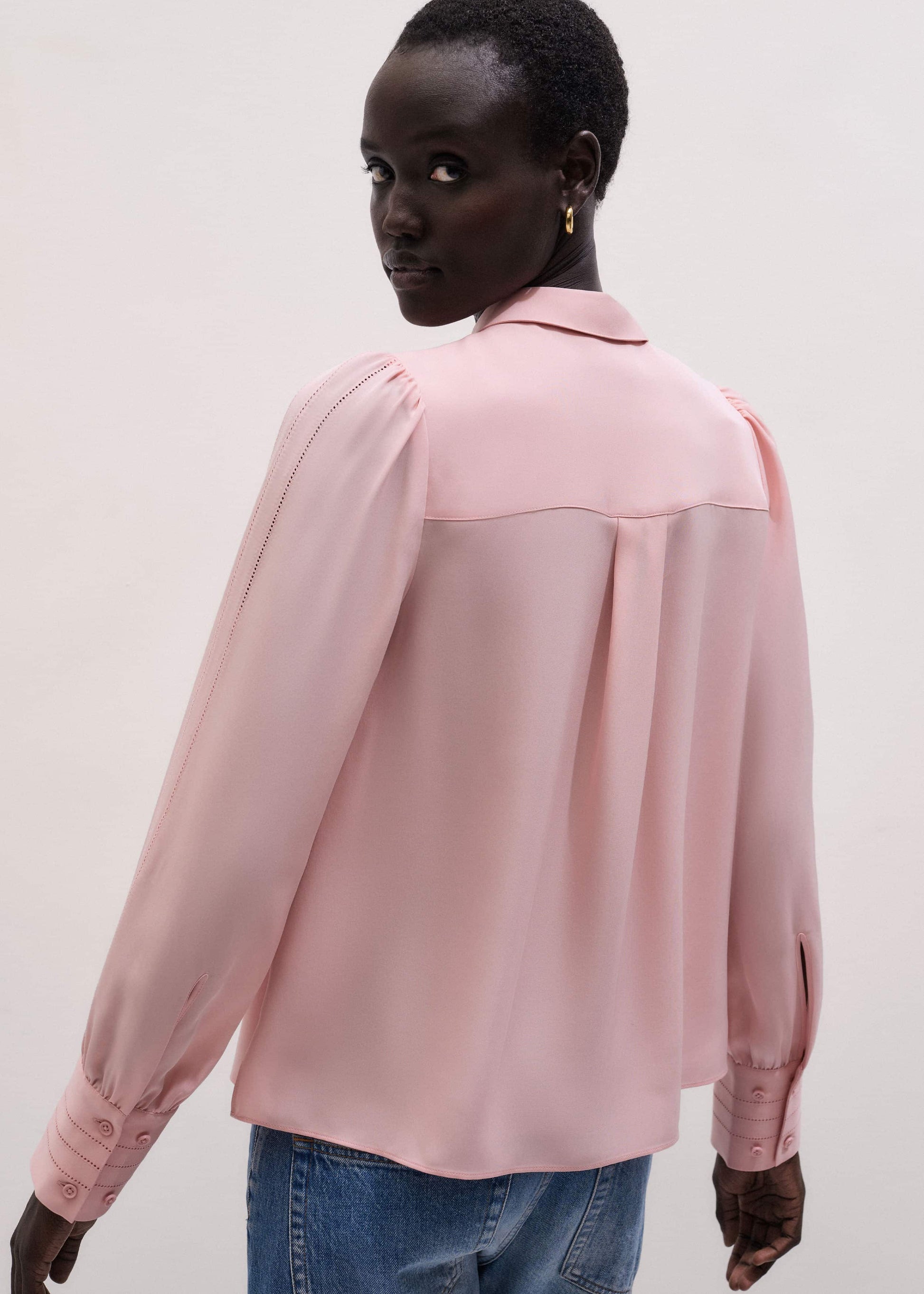 ME and EM Clothing Pink Silk Feminine Embroidered Fluid Straight Blouse
