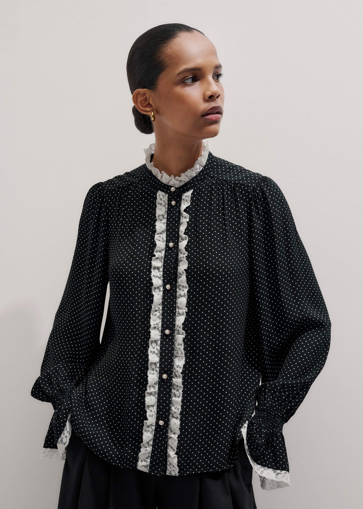 ME and EM Clothing Black Micro Polka Dot And Lace Blouse