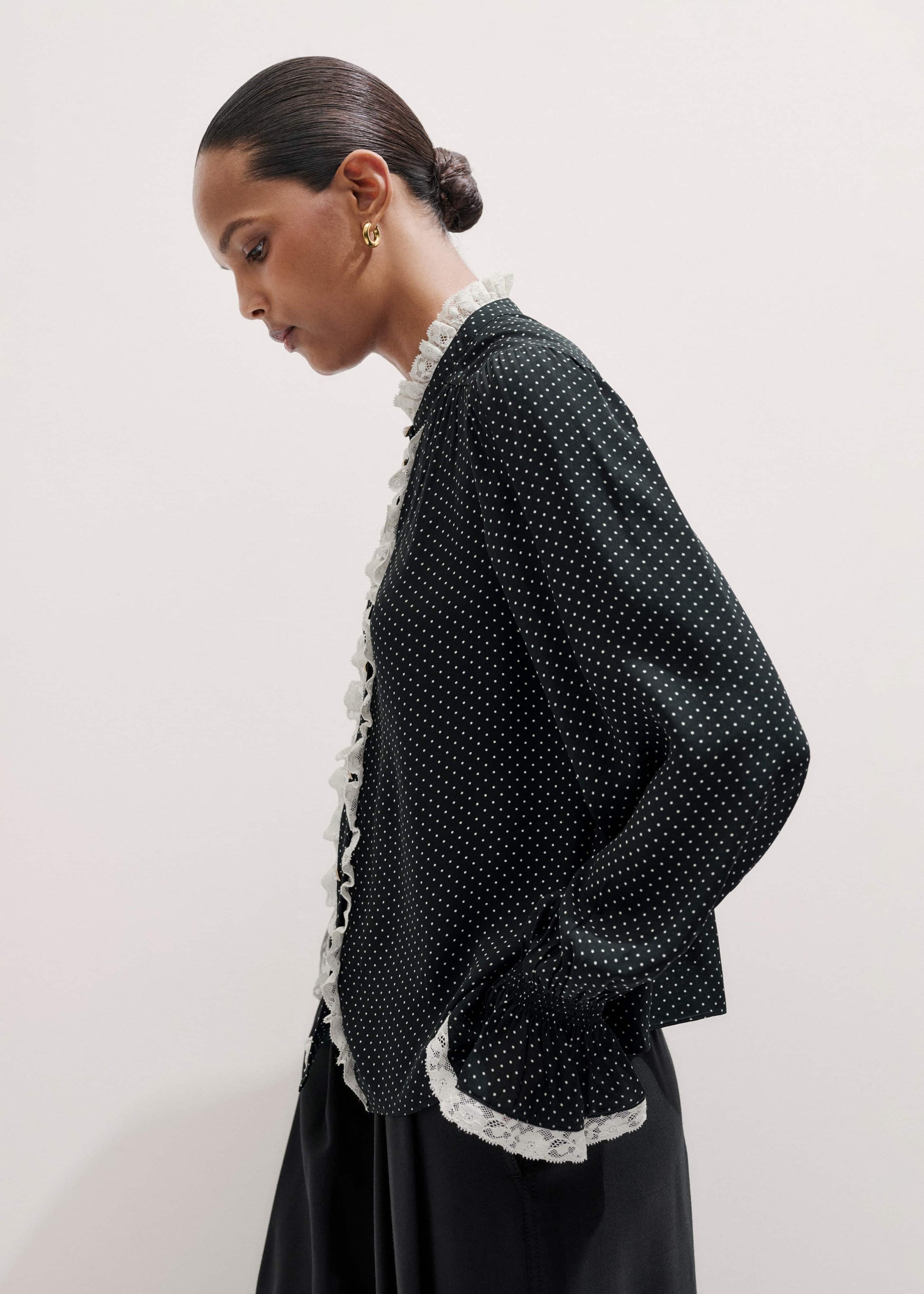 ME and EM Clothing Black Micro Polka Dot And Lace Blouse