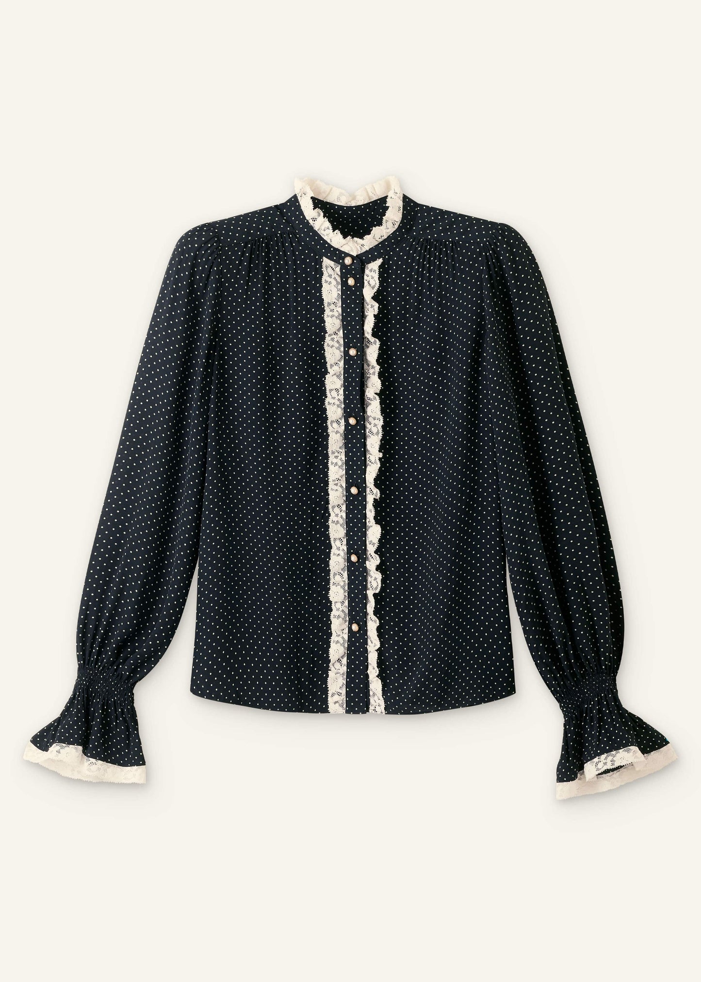 ME and EM Clothing Black Micro Polka Dot And Lace Blouse