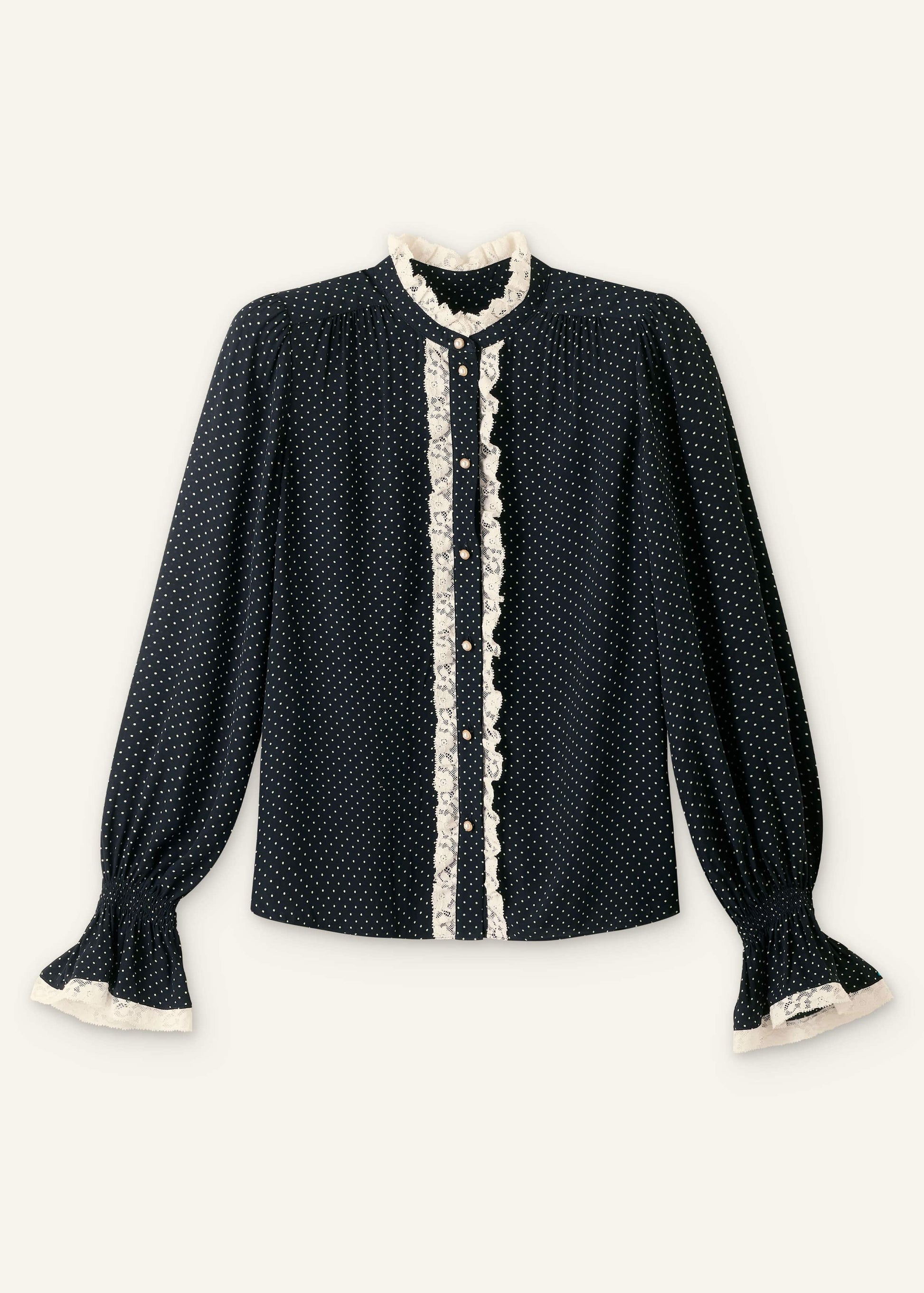 ME and EM Clothing Black Micro Polka Dot And Lace Blouse