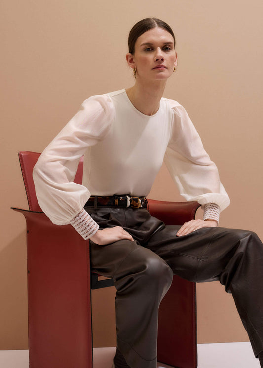 ME and EM Clothing Cream Sheer Mixed Media Layering Blouse