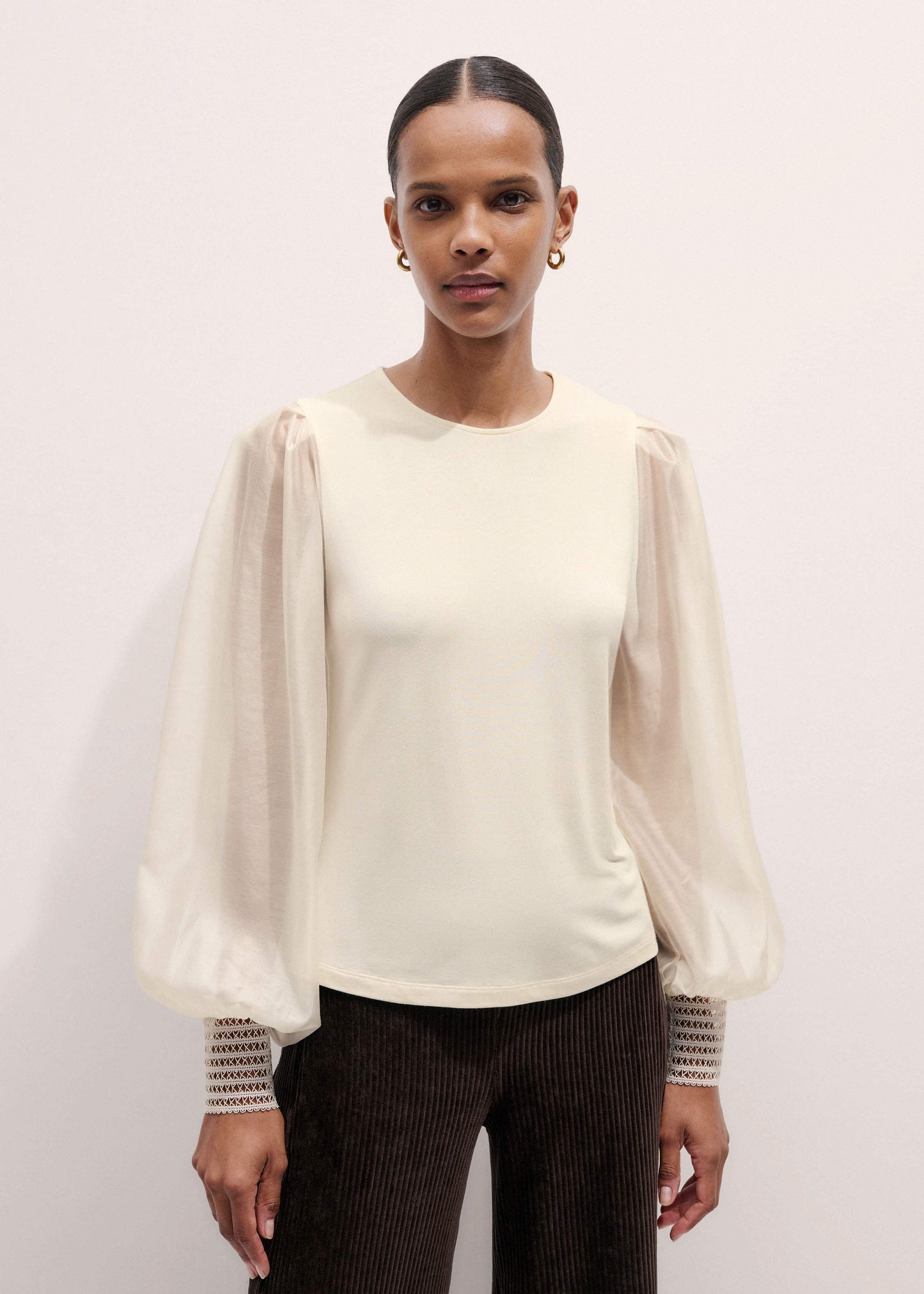 ME and EM Clothing Cream Sheer Mixed Media Layering Blouse