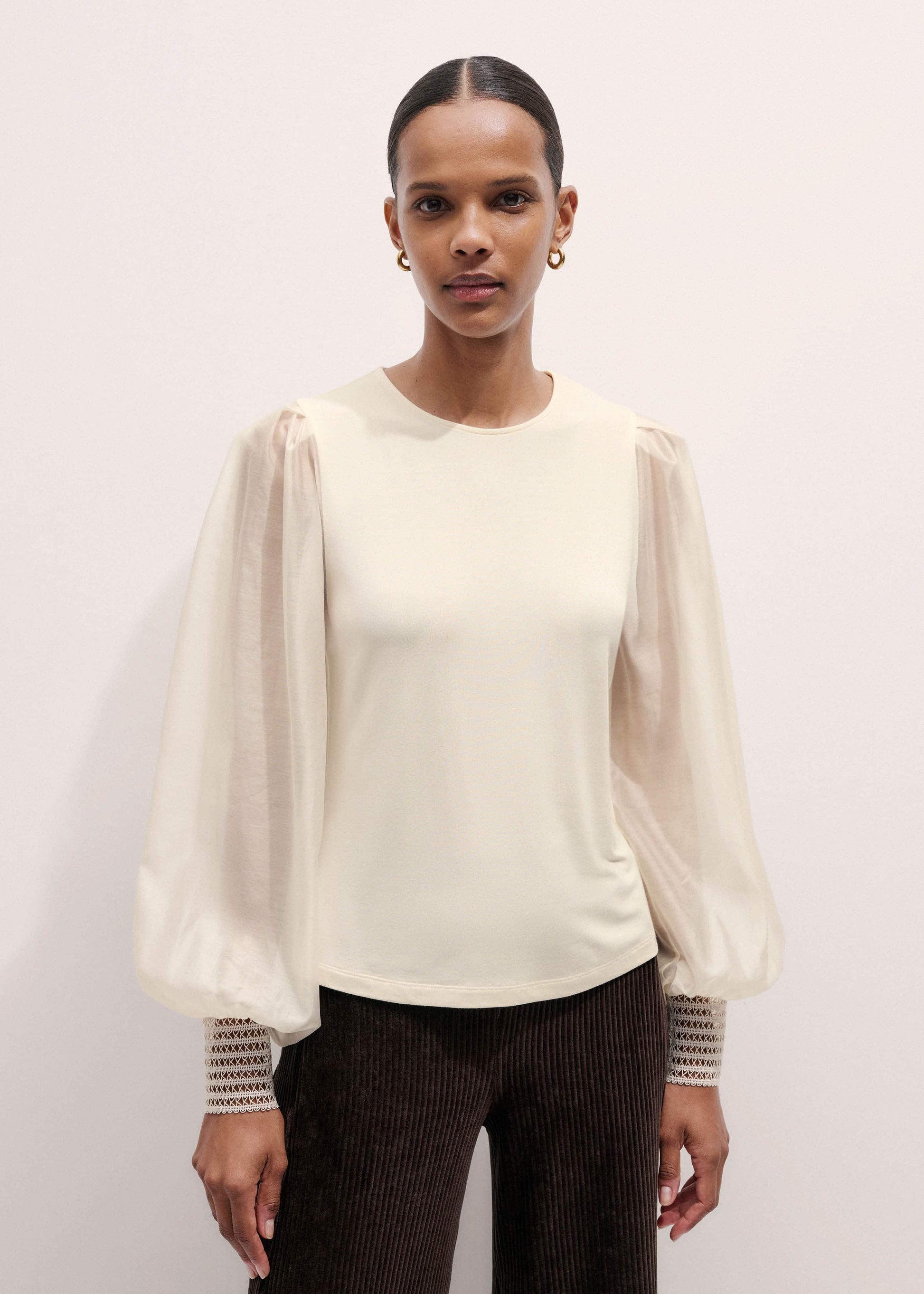 ME and EM Clothing Cream Sheer Mixed Media Layering Blouse