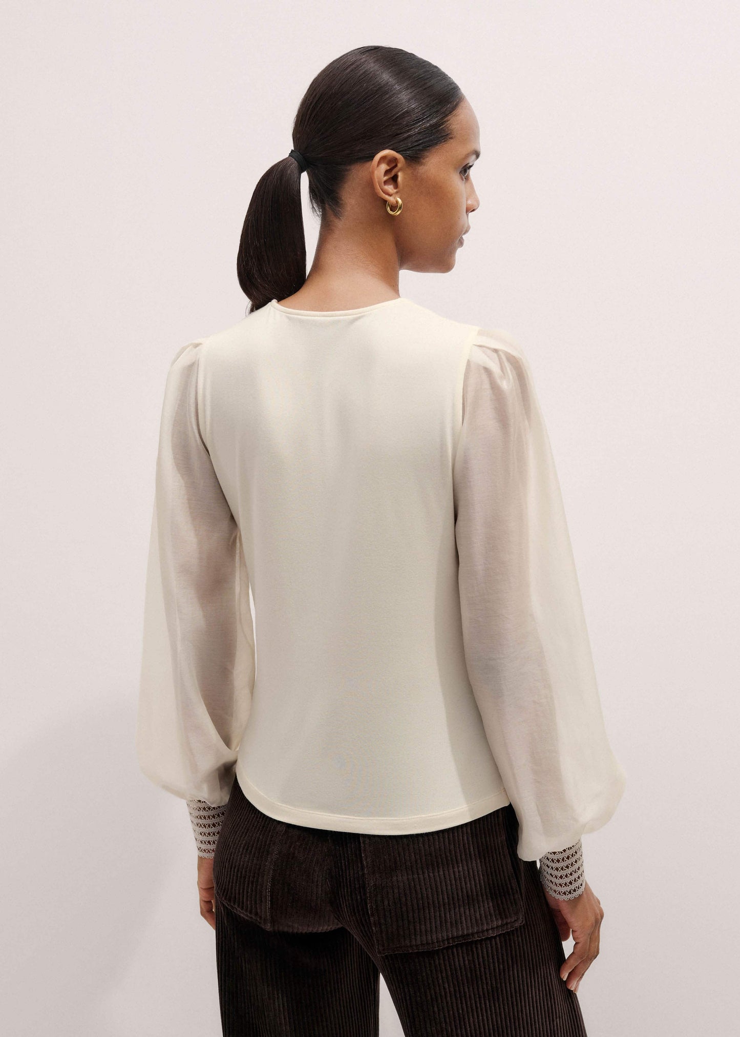 ME and EM Clothing Cream Sheer Mixed Media Layering Blouse