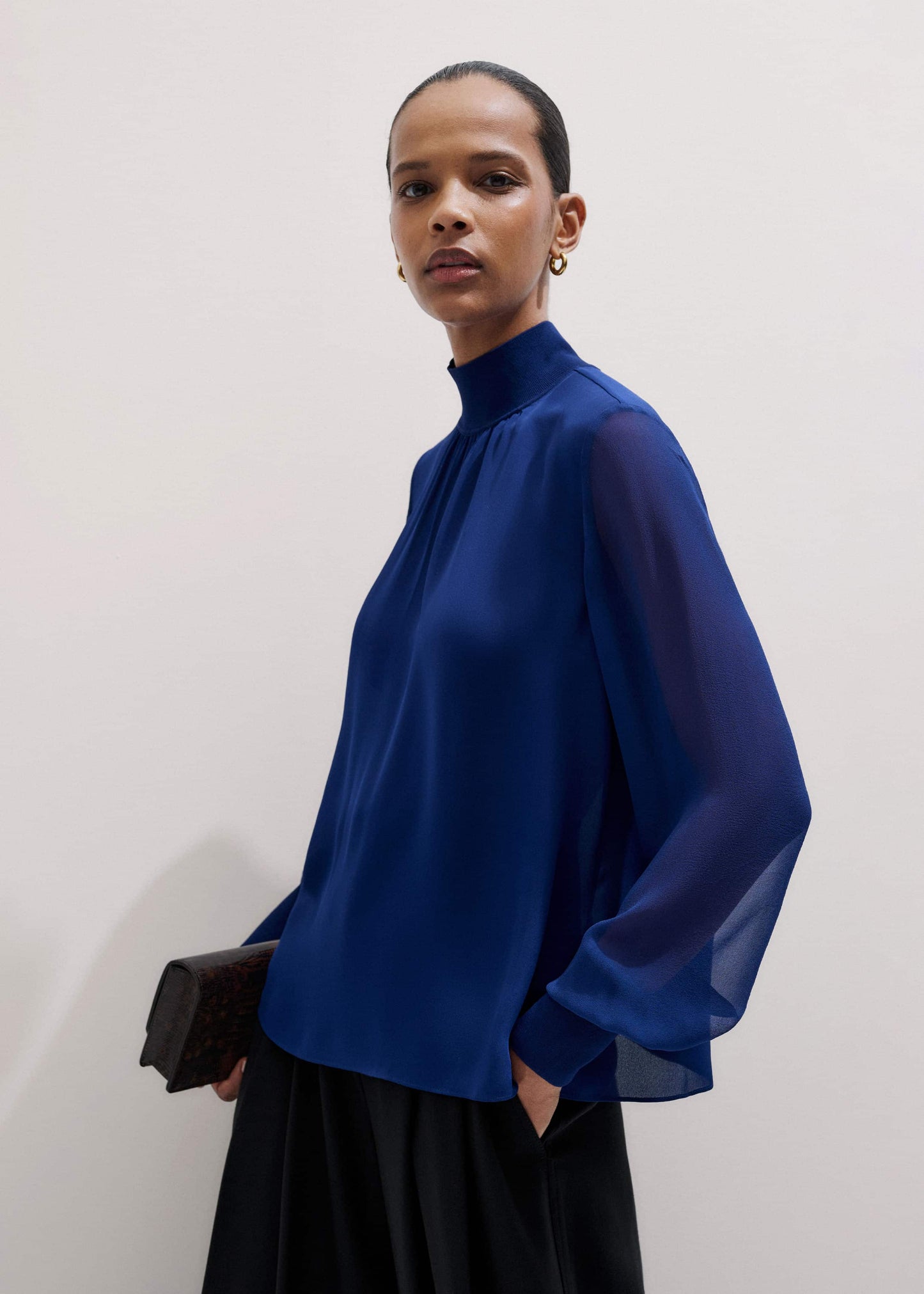ME and EM Clothing Blue Silk Chic Rib Straight Blouse